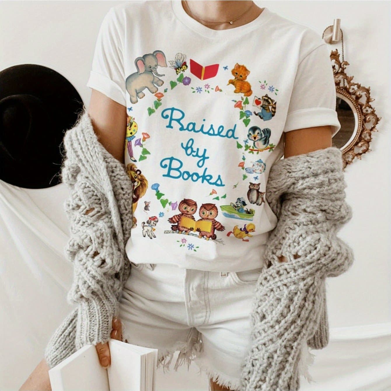 TEMU Raised By Books Golden Nostalgic Teacher Read Reading Love Little Retro Vintage Nostalgia Short Valentines Day T-shirt Women's T-shirt 100% T-shirt Unisex Clothing Soft Fabric T-shirt Gifts