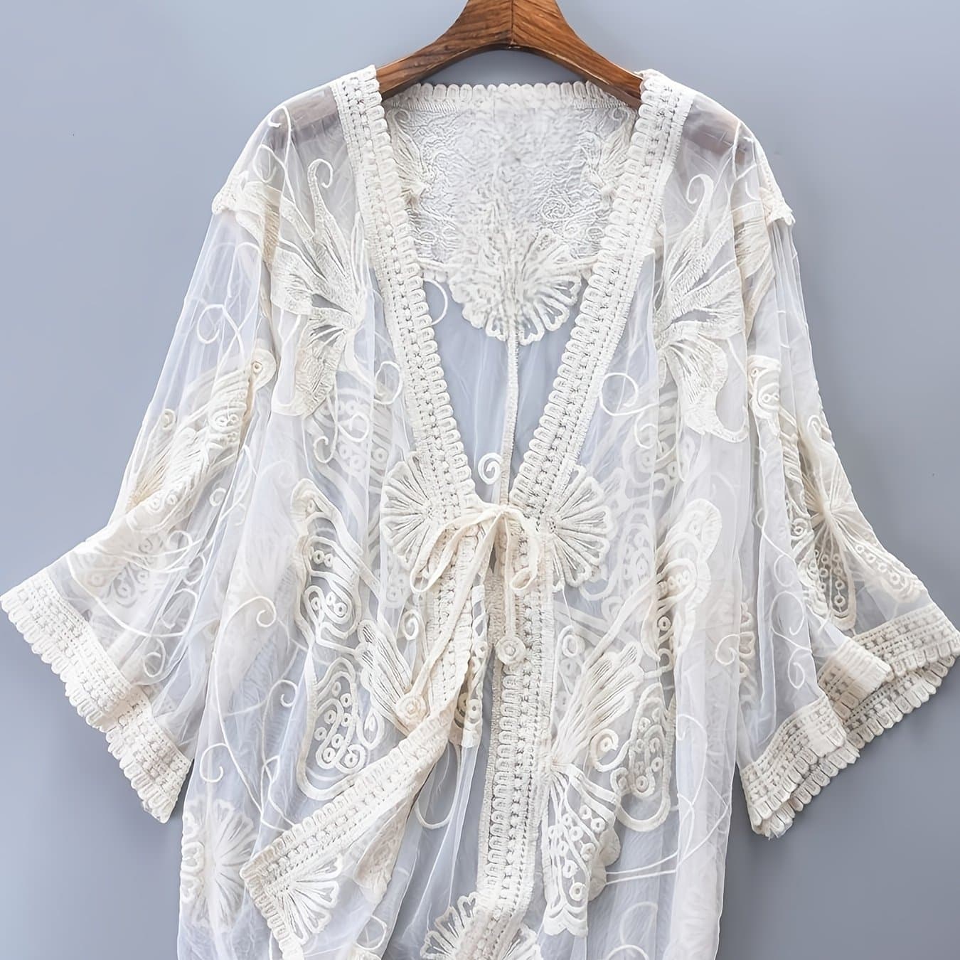 TEMU Summer Women's Cover-up Embroidery Mesh Thin Open Cardigan Top
