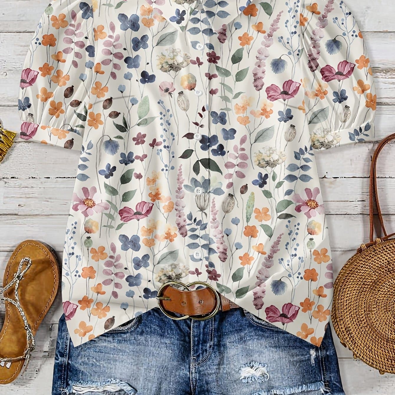 TEMU Women's Collar Fashion Print Puff Sleeve Shirt