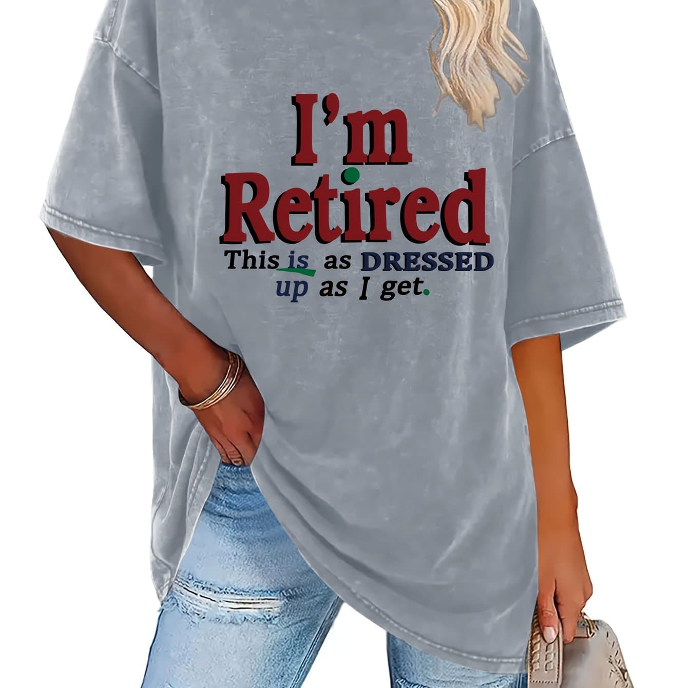 TEMU Pattern Printed Women's Retro Washed T-shirt- 230g Thick, Round Neck Short Sleeve, Retro Street Style, Machine Washable, Spring Summer Casual Wear, Loose Fit T-shirt