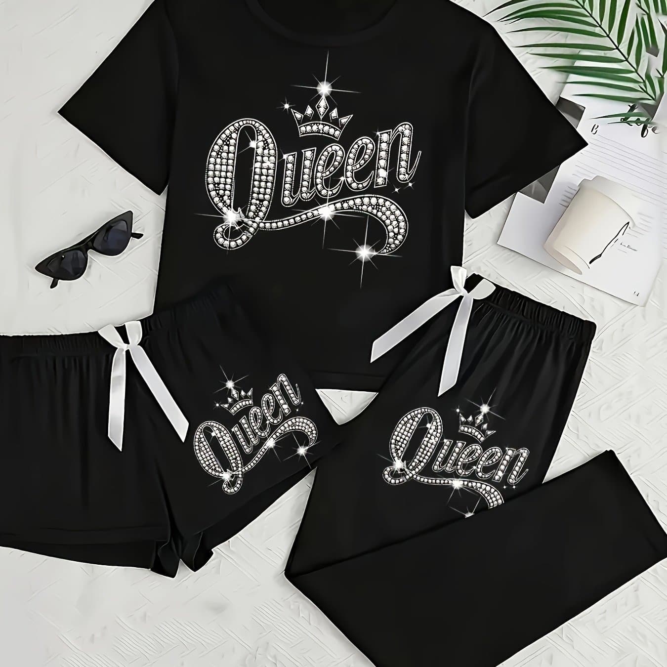 TEMU Women's Casual Pajama Set With Delicate Letter Print, Short Sleeve, Shorts And Pants Three-piece Set