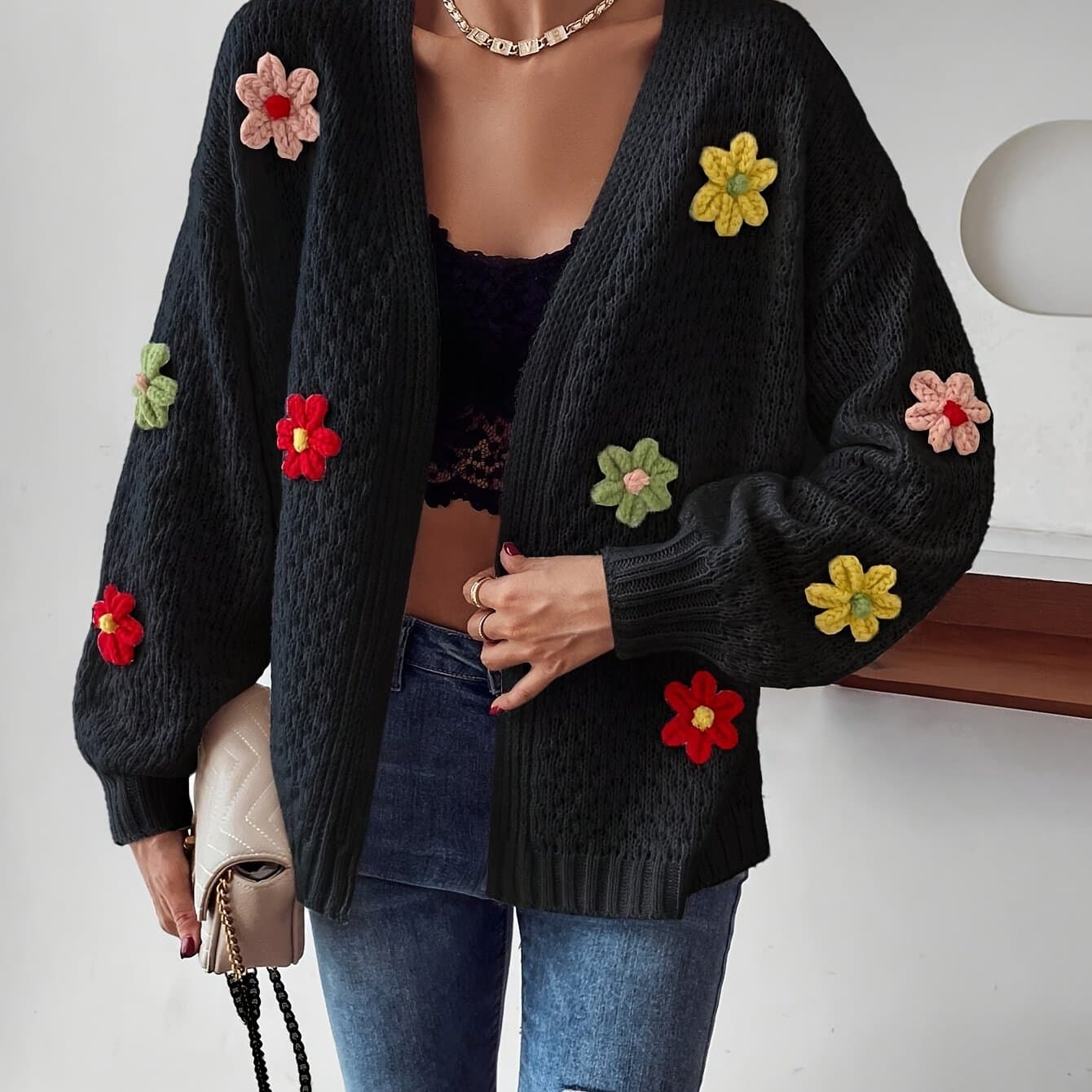 TEMU Floral Patch Off-shoulder Cardigan