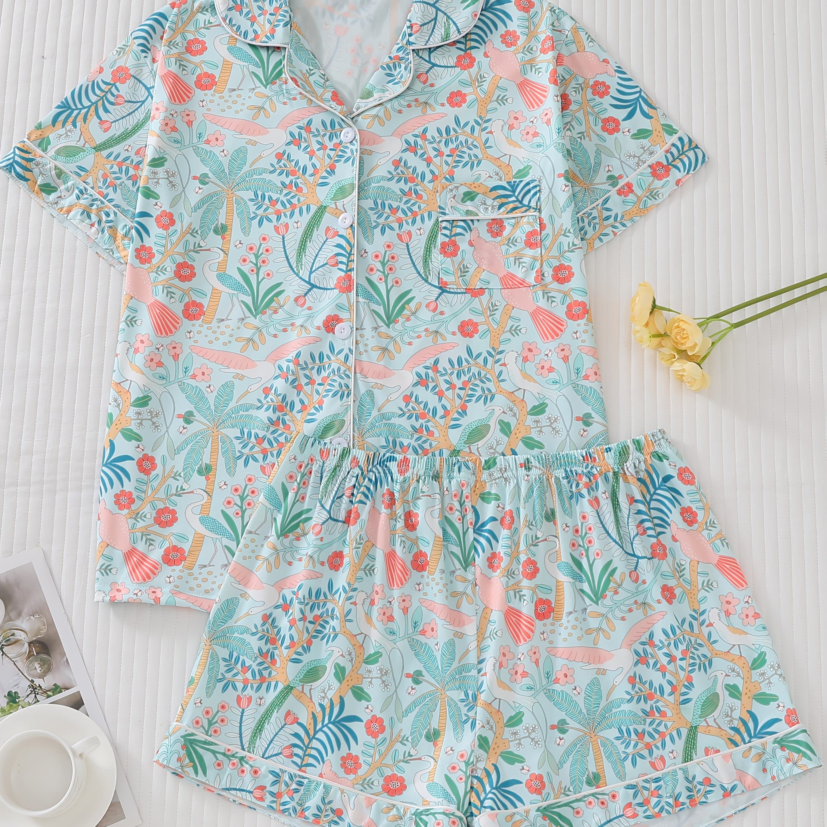 TEMU Elegant Floral Animal Print Women's Pajama Set, Casual Short Sleeve Lapel Top And Loose Elastic Shorts, Comfortable Women's Sleepwear And Loungewear