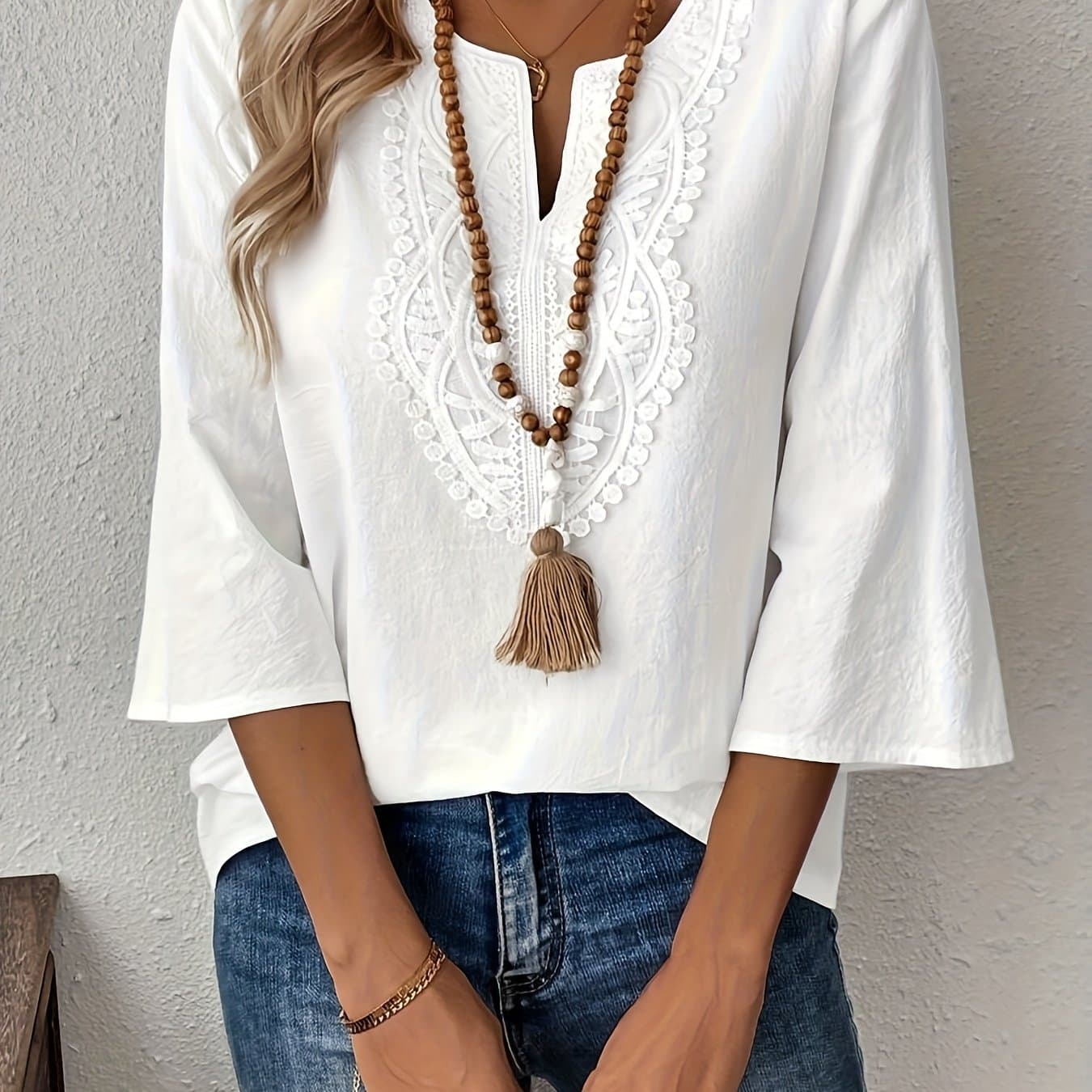 TEMU Spring Summer Women's Clothing Women' Color V-neck Long Sleeve Shirt, 3/4 Sleeve Top