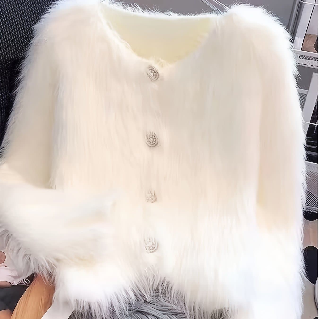 TEMU White Short Trim Autumn Winter Cardigan Coat For Women, V-neck With Buttons, Soft And Skin-friendly, Daily Wear, , , Christmas, Light Luxury Texture, Colors: White And Pink