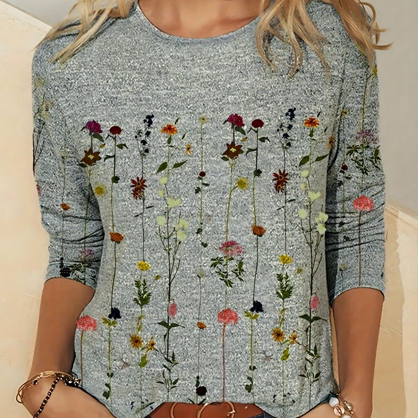 TEMU Women's 3d Floral Print T-shirt - Soft Crew Neck Long Sleeve Top With Vibrant Multicolor Flowers On Grey, Medium Stretch Casual Shirt For Spring & Fall, Machine Washable, Medium Fabric