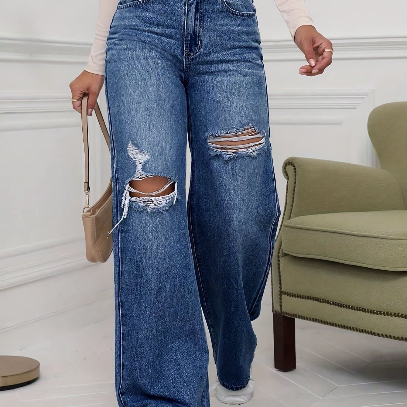 TEMU High-quality Casual Distressed Wide Leg Jeans