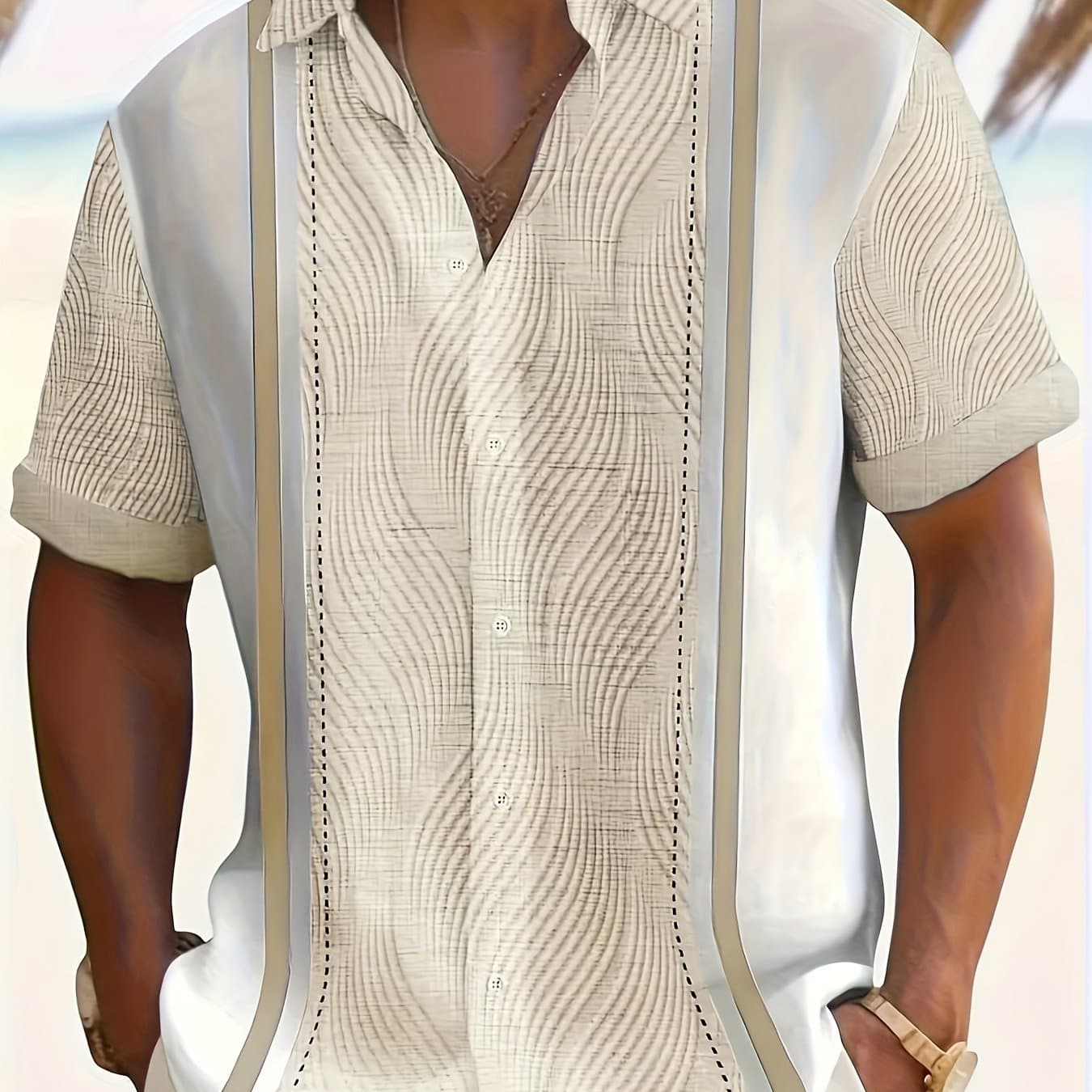 TEMU Men's Retro Geometric Print Button- Short Sleeve Collared Shirt, Vintage Style, Summer Wear