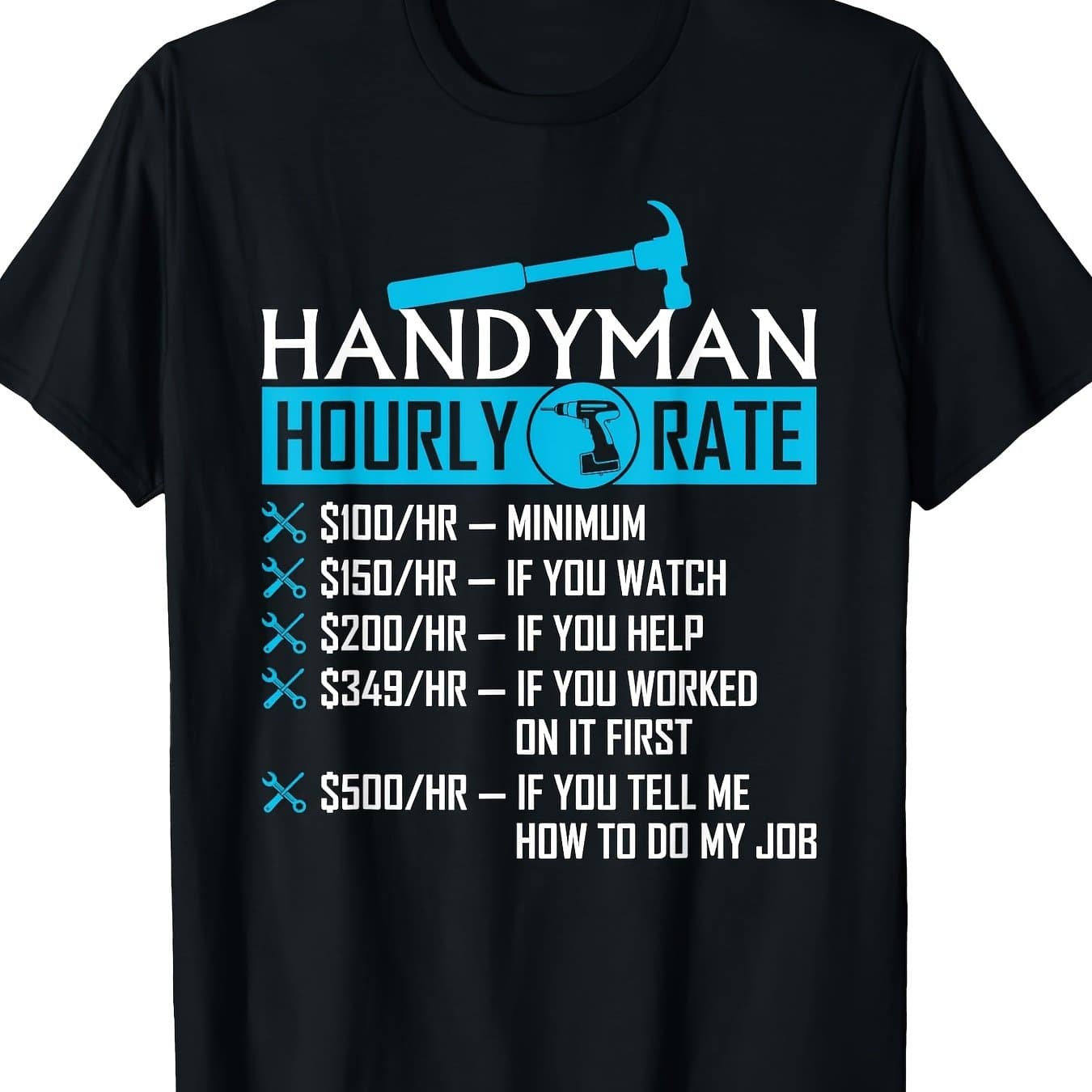 TEMU Funny Handyman Rate T-shirt, Black With White Humorous Text And Tool Graphics, Men's Casual Crew Neck Short Sleeve T-shirt, Everyday T-shirt, Handyman Theme, Knit Texture