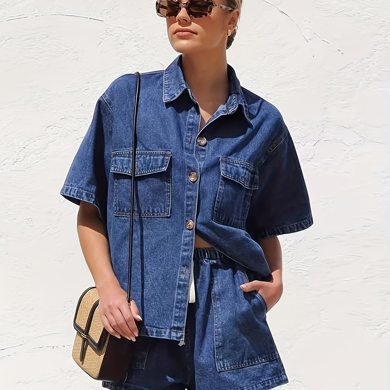 TEMU Summer Vintage Navy Blue Denim Two-piece Set For Women, Short Sleeve Work Shirt + Drawstring Shorts, Washed Loose Fit Casual Denim Outfit