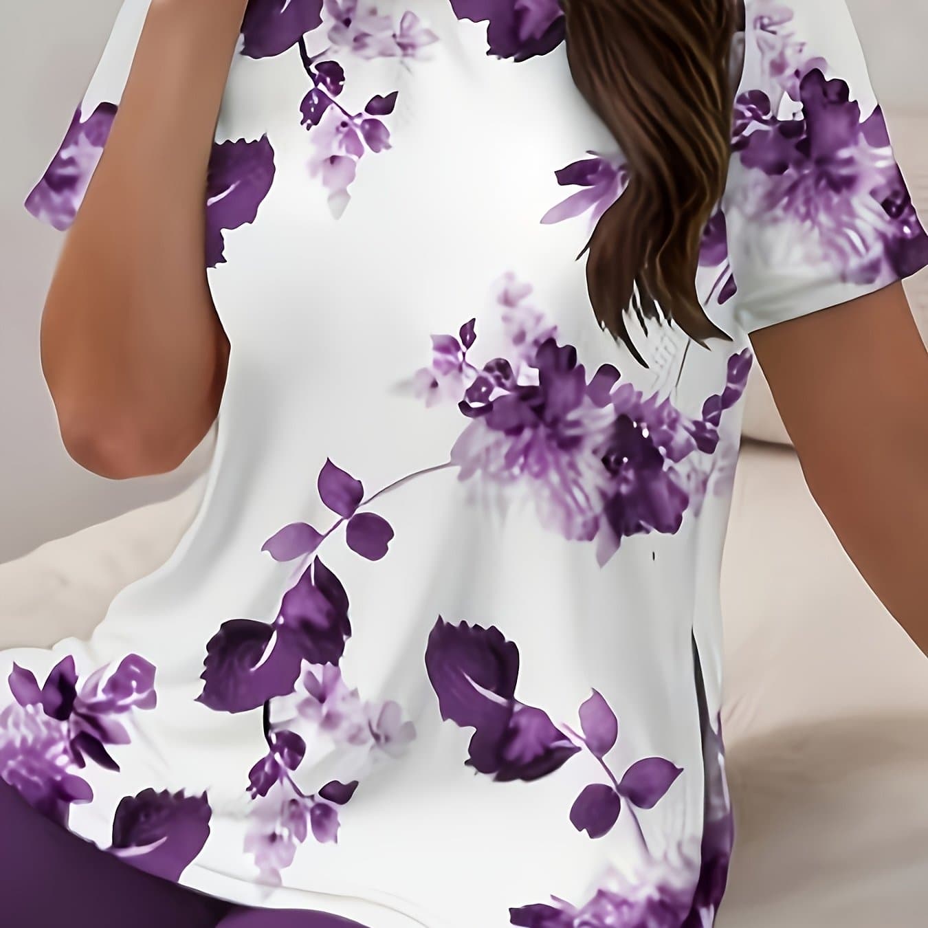 TEMU Large-size Women's Short-sleeved Slit T-shirt, Purple Floral Print Loose-fitting Covers The Body, Suitable For Sports, Yoga, , Outdoor Activities, And Parties, Required