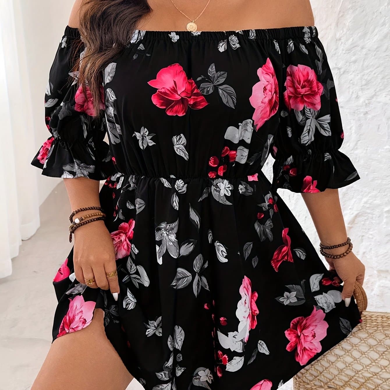 TEMU Plus Size Women's Floral Print Off-shoulder Dress, One-shoulder Vacation Dress, Women's Summer Clothing. Women's Autumn Clothing, Casual Elegant Women's Wear