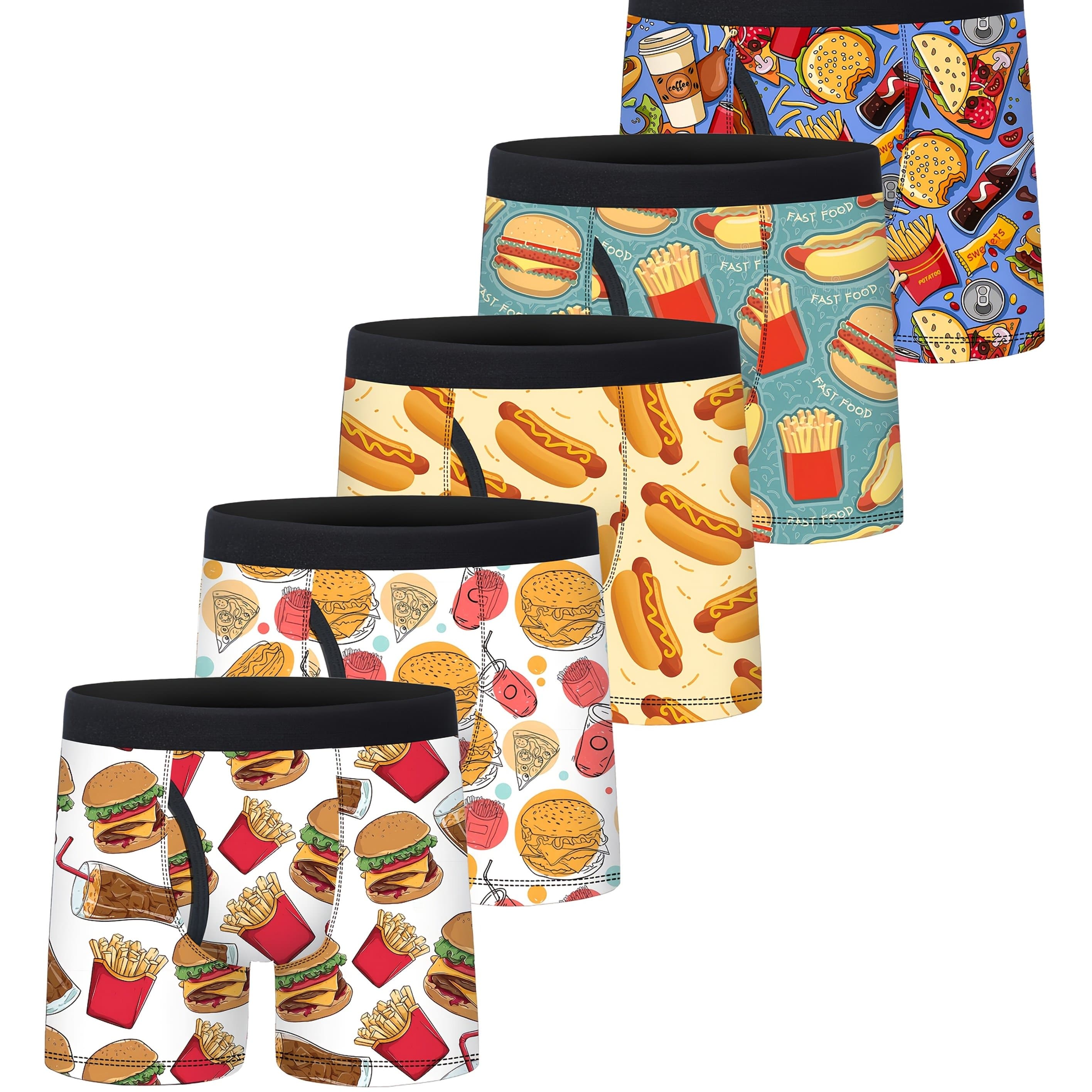 TEMU 5-pack Boys' Athletic Boxer Briefs | 95% Polyester Full-body (burgers/fries//soda) | Quick-dry, , Fly, Breathable Sports Underwear For Active Boys & Teens Ages 5-15