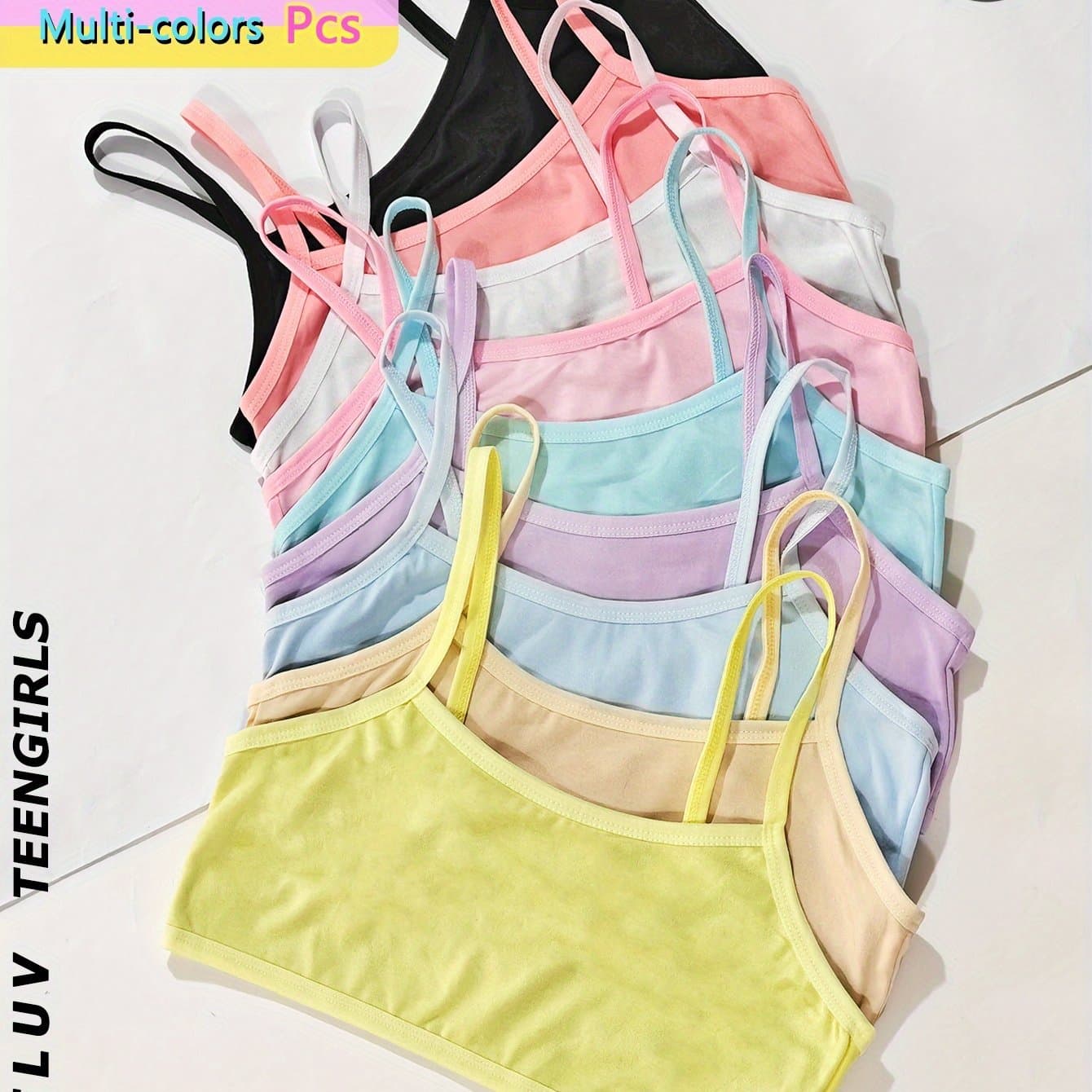 TEMU 9pcs Girl' Layer Halter Vests For Teengirls, Safe Inner-wear Underwear Without , Macaron-colors Random Assorted Multicolored Camisor, For Teenager