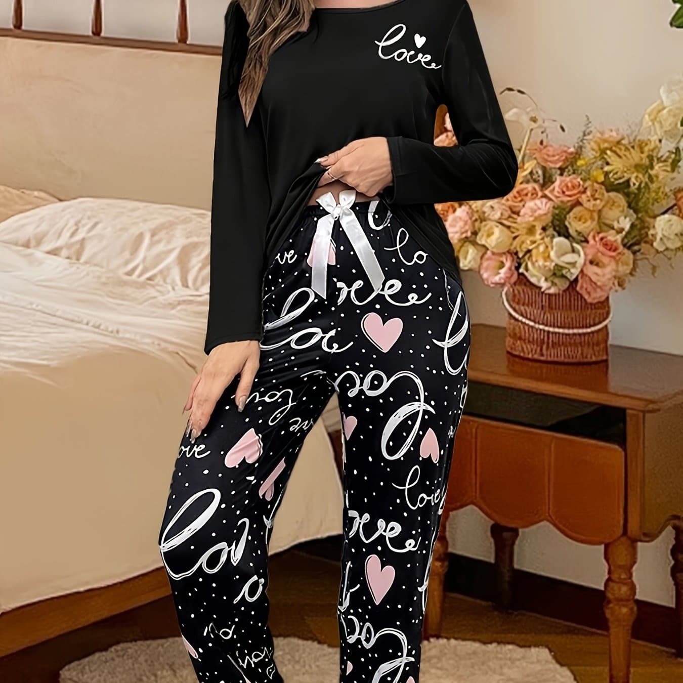 TEMU New Autumn/winter Casual Heart & Slogan Print Pajama Set In Black, Long Sleeve Round Neck Top And Elastic Waist Pants, Women's And , Machine Washable