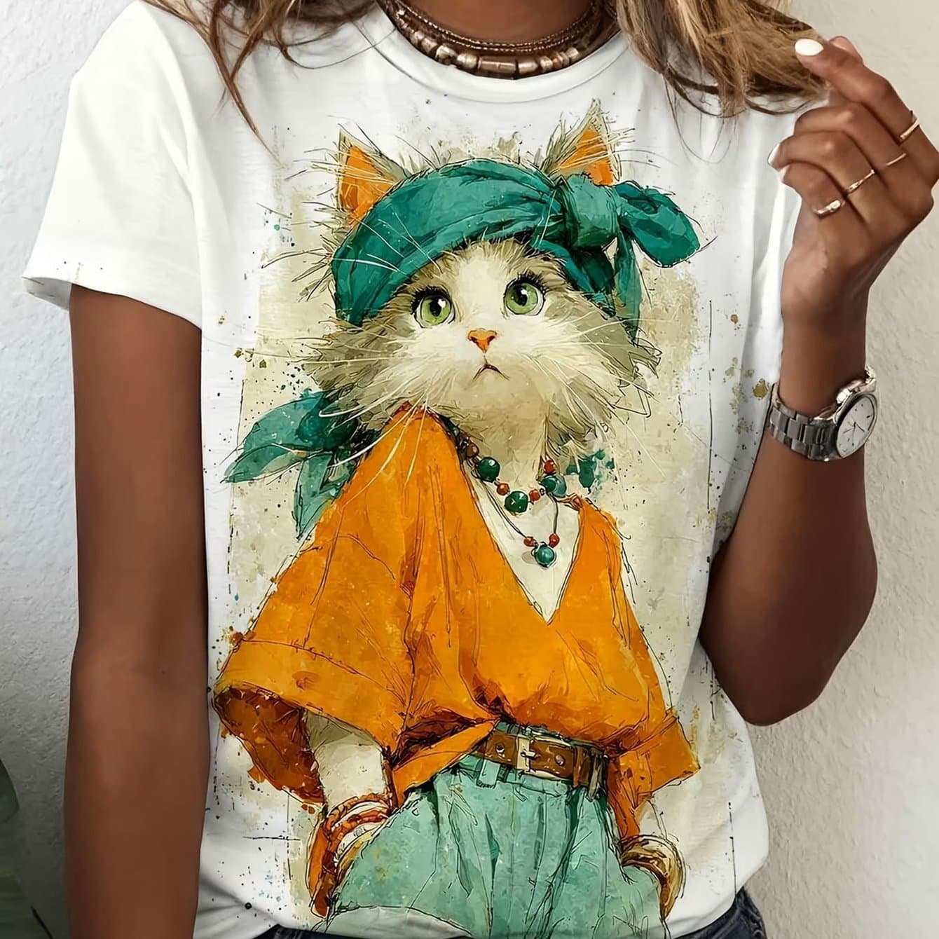 TEMU Bohemian-style Green Headscarf Print T-shirt With Cute Cat Pattern. Cute And Artistic Cat Design. Women's Casual Animal Lover Short-sleeved Top.