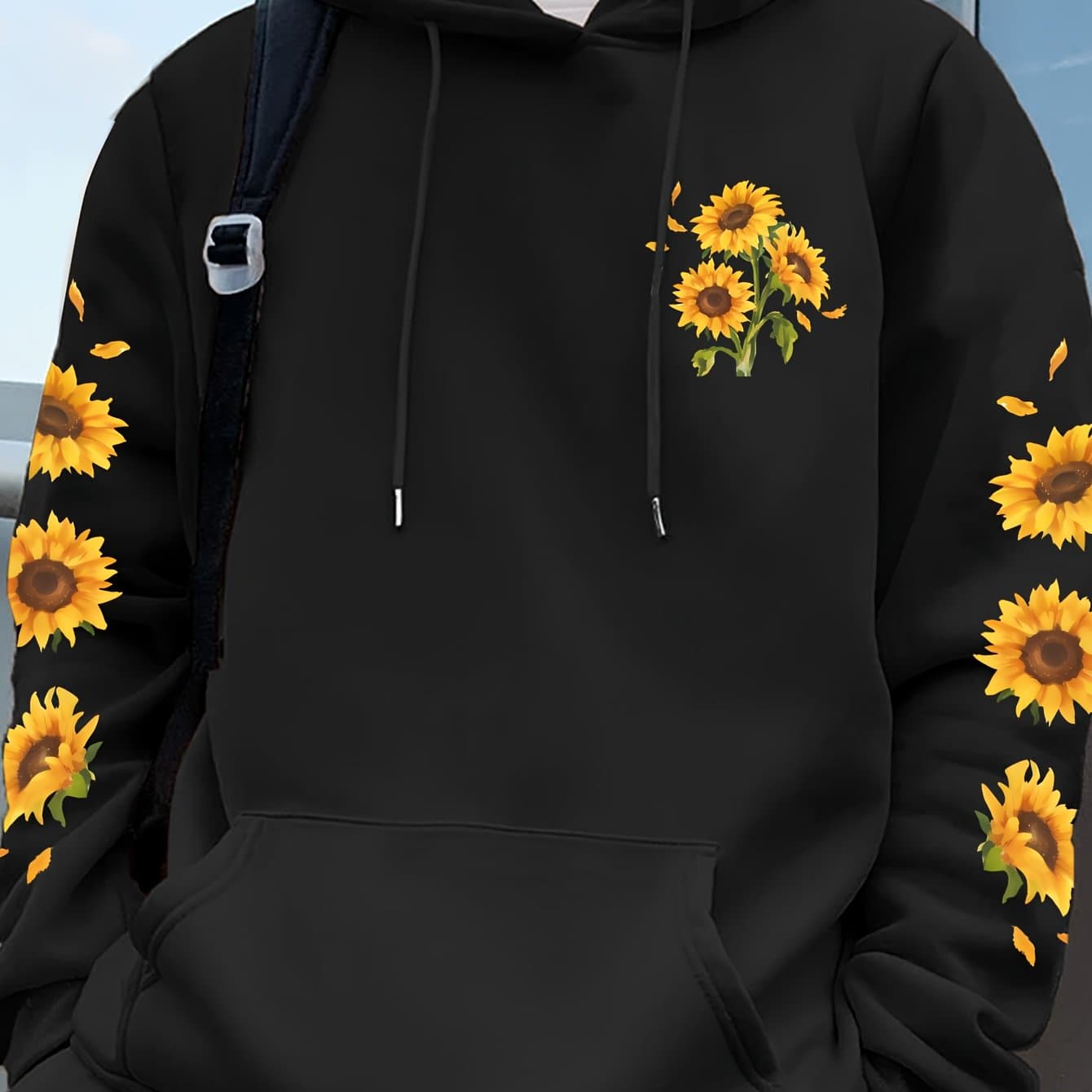 TEMU Men's New Sunflower Pattern Hoodie With Kangaroo Pocket And Double Sleeves