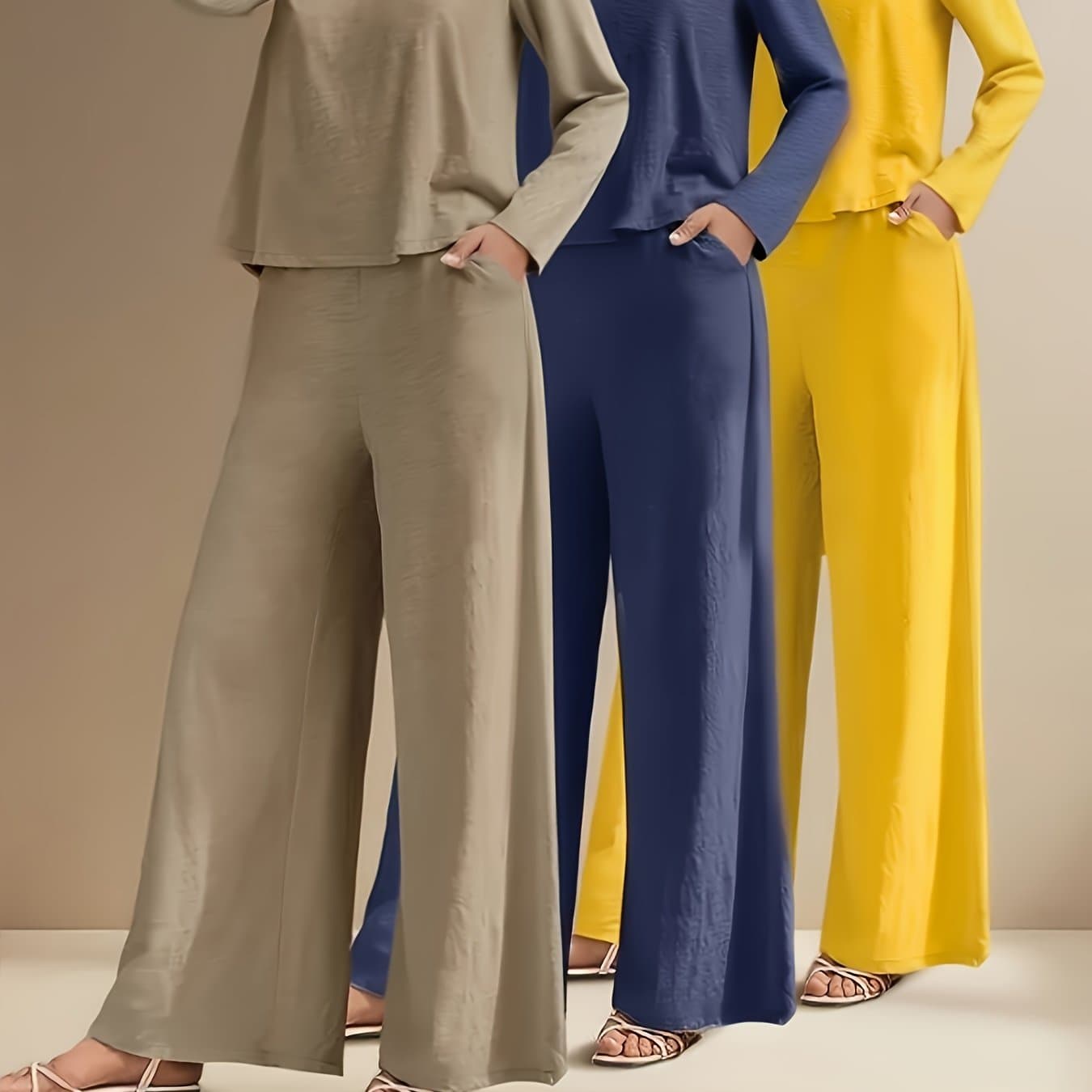 TEMU 6pcs/3 Sets Fashionable Casual Long Sleeved Spring And Autumn Women's Set, Solid Color Long Sleeved Top+solid Color Long Pants Set, Suitable For Daily Wear And Vacation And Autumn