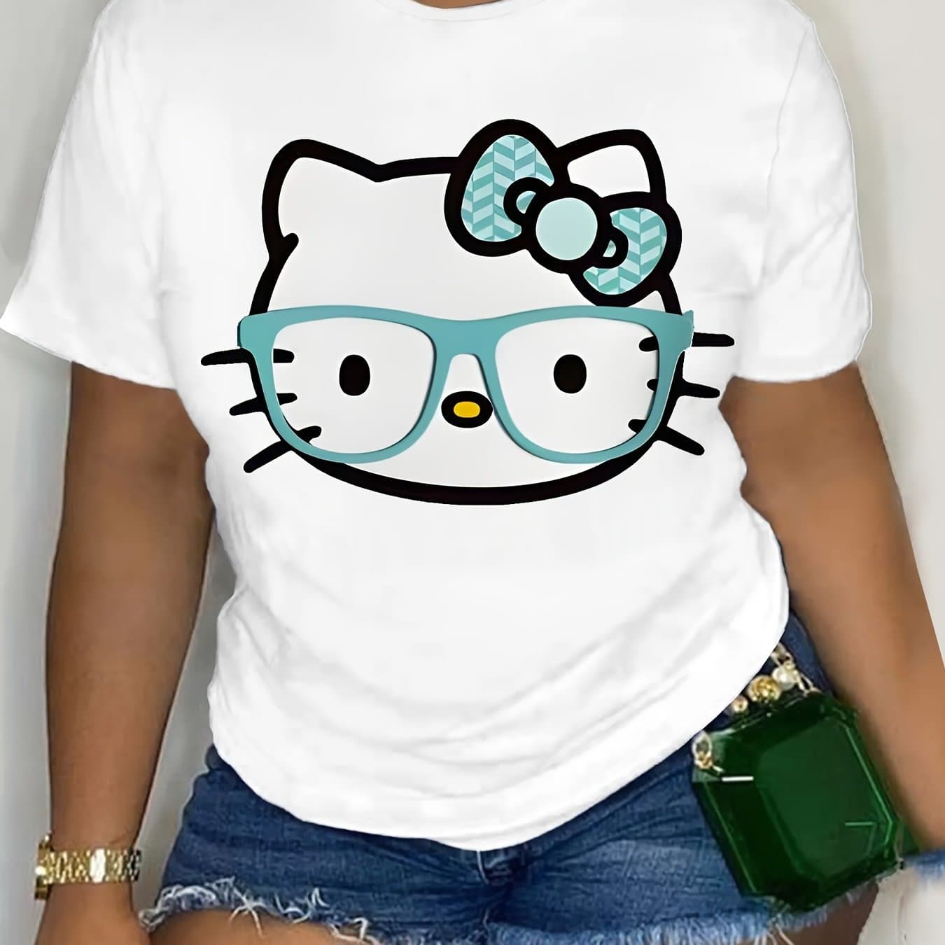 TEMU [vibrant Print] Hello Kitty Glasses Cartoon Pattern Women's T-shirt - Soft Cotton Casual Short Sleeve Tee, White With Blue , Valentine's Day Gift For Men And Women, Spring/summer Wear