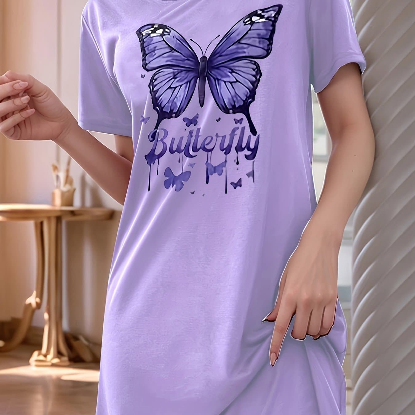 TEMU Women's Short Sleeve Round Neck Heart Cartoon Nightdress