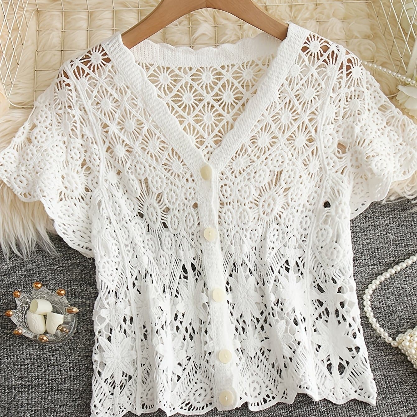 TEMU Directional Spring And Summer Leisure Sweet Hollow Bohemian Short-sleeved Cardigan