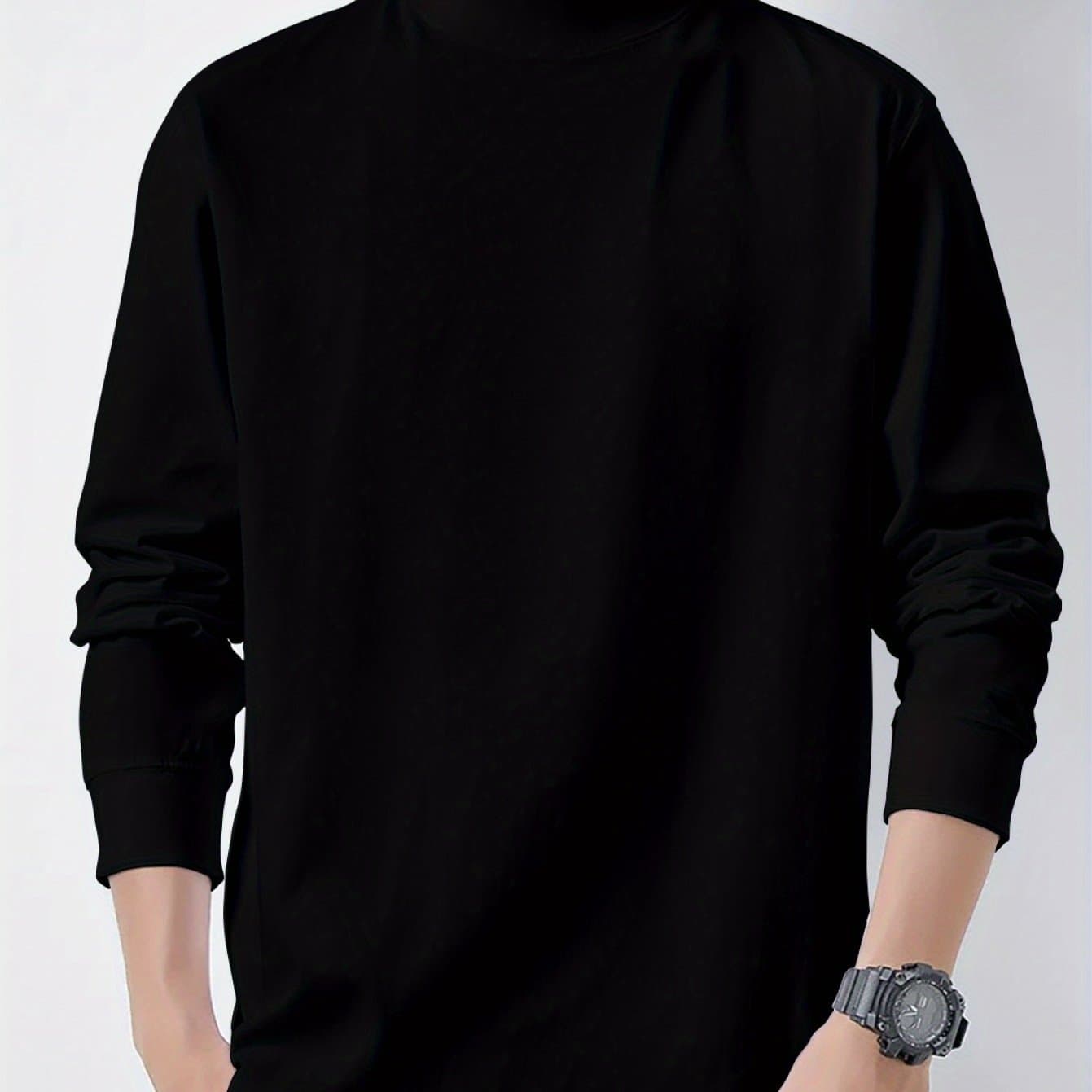 TEMU European And Trend, Simple Ins-style Solid Color Small High Neck Long Sleeve Men's Casual Outdoor Sports Top