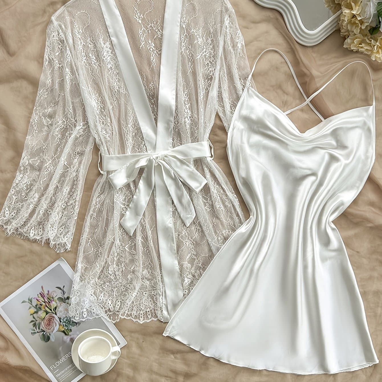 TEMU Autumn And Winter Women's Lace Sexy Four-season Robe And Nightgown Two-piece Set