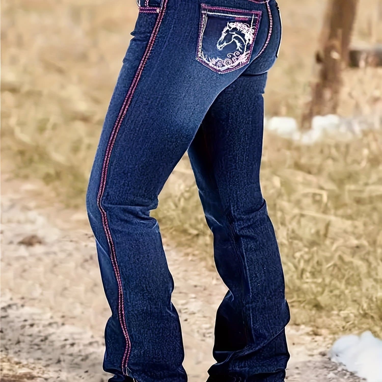 TEMU Elastic Denim Trousers With A Micro Flare And Horse Head Embroidery For Women's Denim Fashion