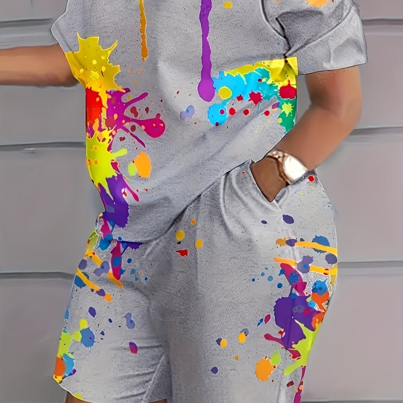 TEMU Trendy Two-piece Set - Vibrant Splash Ink Print With Crew Neck Top & Pockets Shorts - Comfortable Womens Outfit
