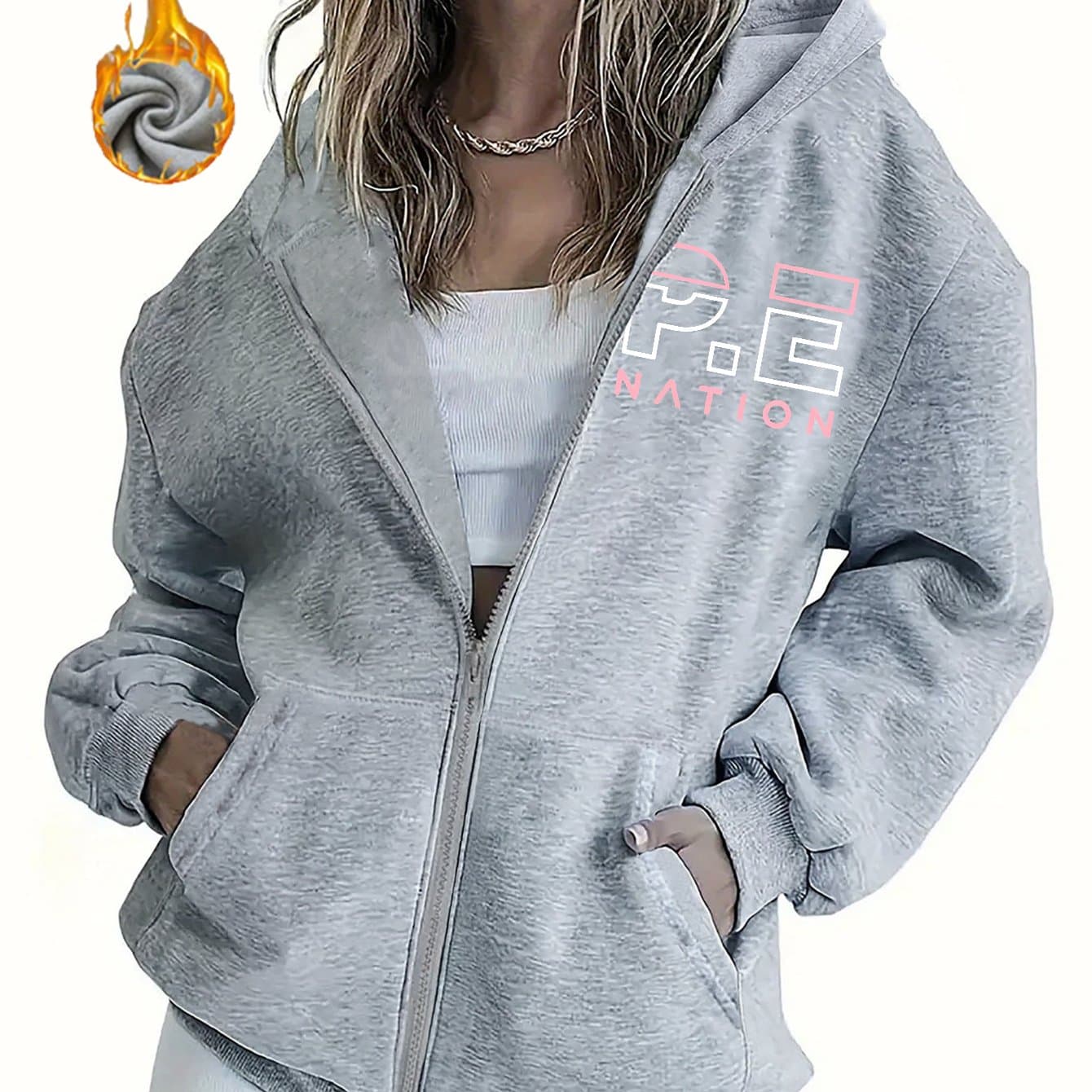 TEMU Pe Pattern Print, Women's Fashion Zip-front Printed Hooded Sweatshirt For Autumn/winter, Kangaroo Pocket Zip-up Cardigan Elegant Casual Sportswear Top