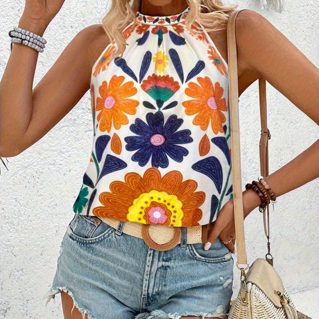 TEMU Women's Neck-hanging Sleeveless Top, Beige, Printed With Orange, Blue, Yellow And Other Colorful Flower Patterns, The Overall Casual And Has A Summer Style