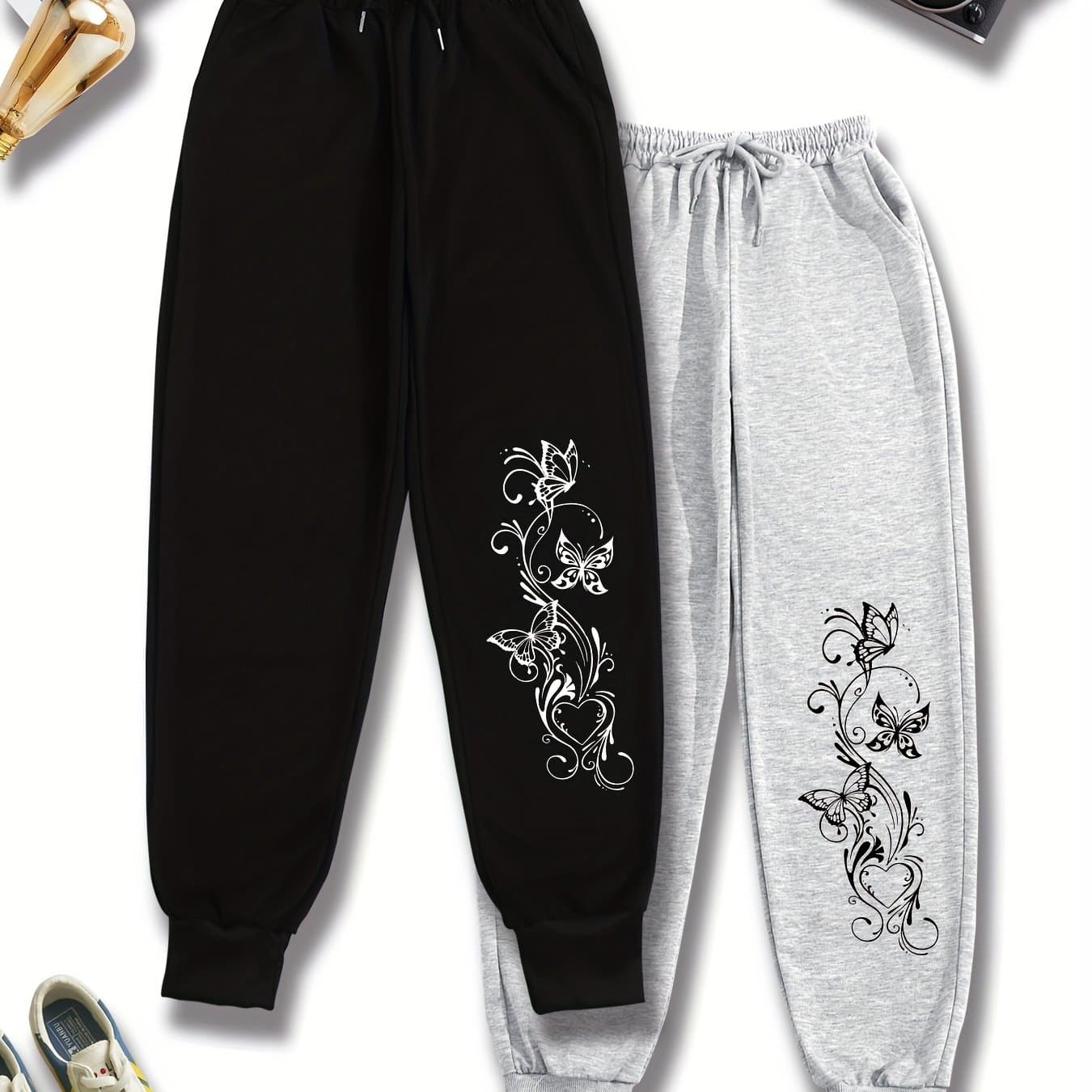 TEMU Plus Size - Women's Plus Size Floral Print Sweatpants - Black & Gray Wide-leg Joggers With Drawstring Waist, Loose Fit Casual Pants For Spring/summer/fall, Jogging Pants