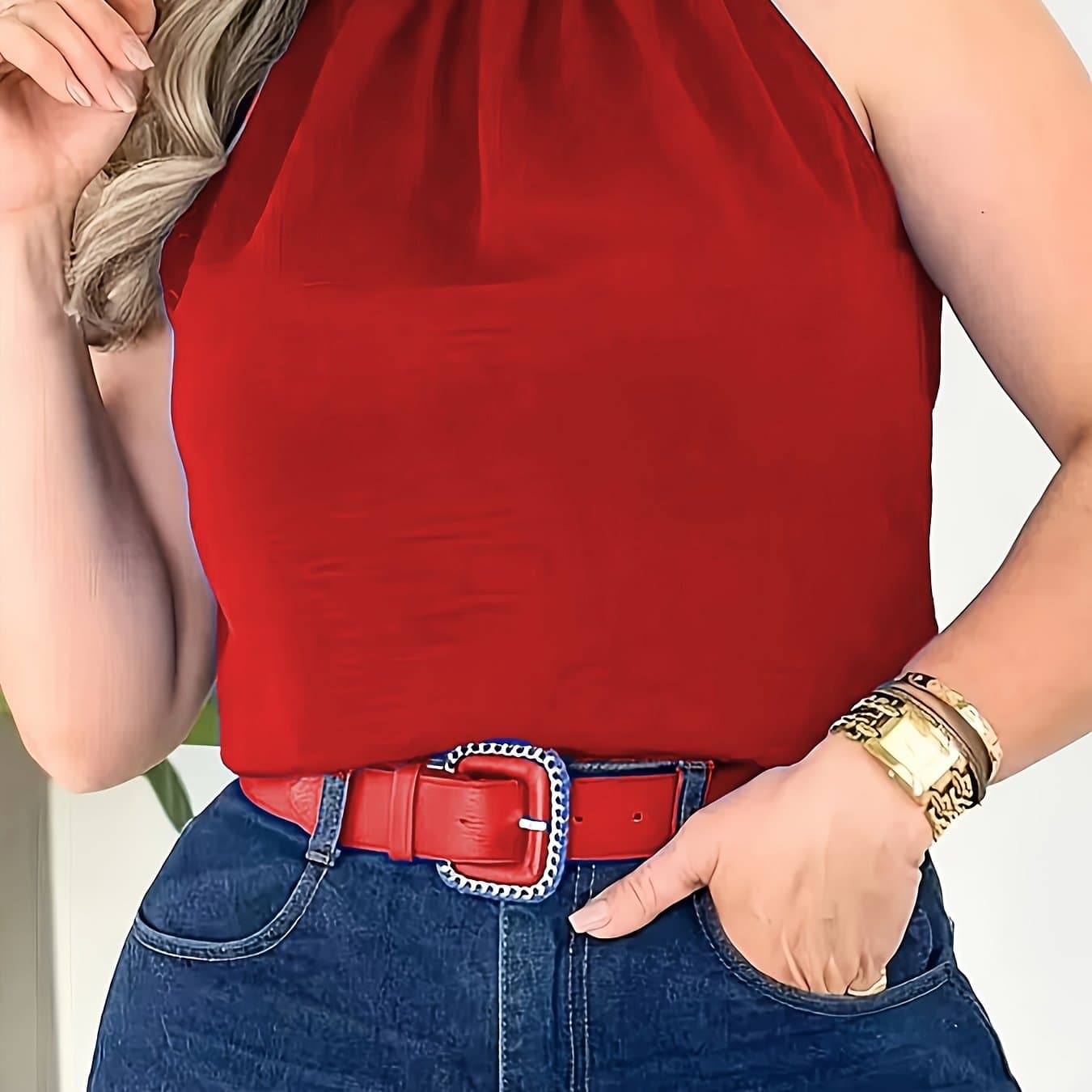 TEMU Blue Solid Color Halter Neck Sleeveless Fashion Top