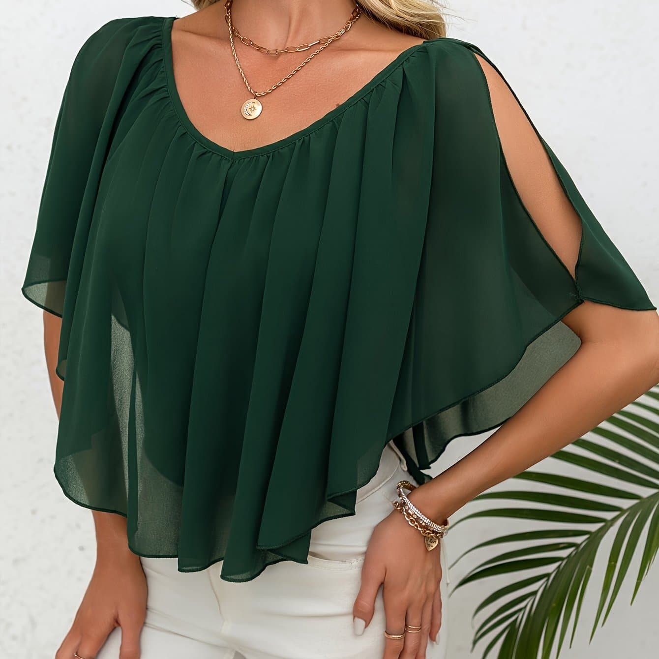 TEMU Women' Color Cold Shoulder Pleated T-shirt