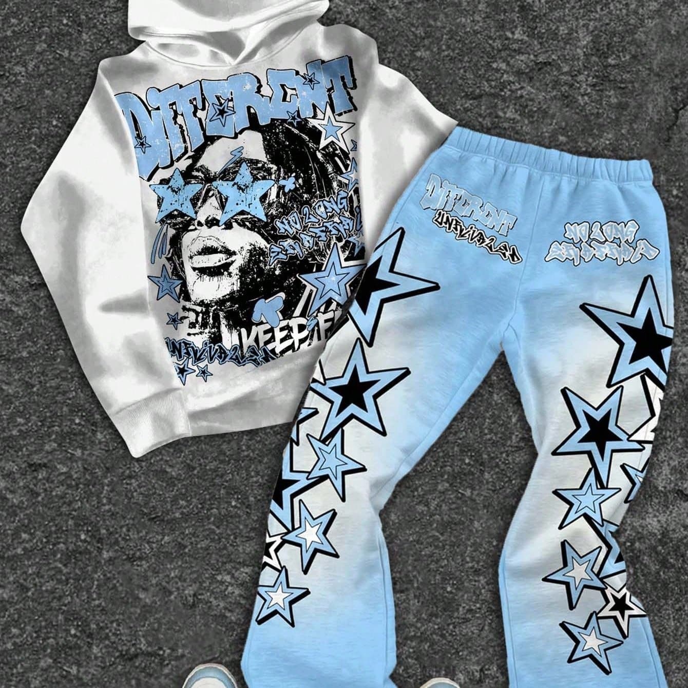 TEMU 2pcs Set Boys' Casual Rap Hooded Sweatshirt And Wide Leg Pants | Featuring Wolf And Branch Patterns, Suitable For Autumn And Winter , Long Sleeve, Medium Stretch Fabric, For Outdoor