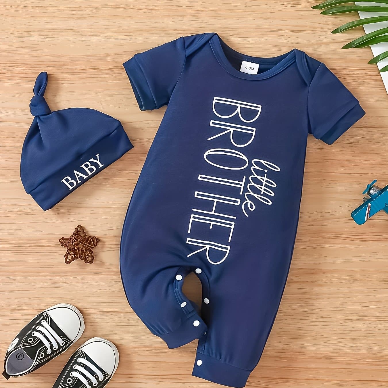 TEMU Set Of 2 For Baby Boys Featuring A Stylish Print, Includes A Short-sleeve Jumpsuit And A Hat, Perfect For Summer, For Outdoor