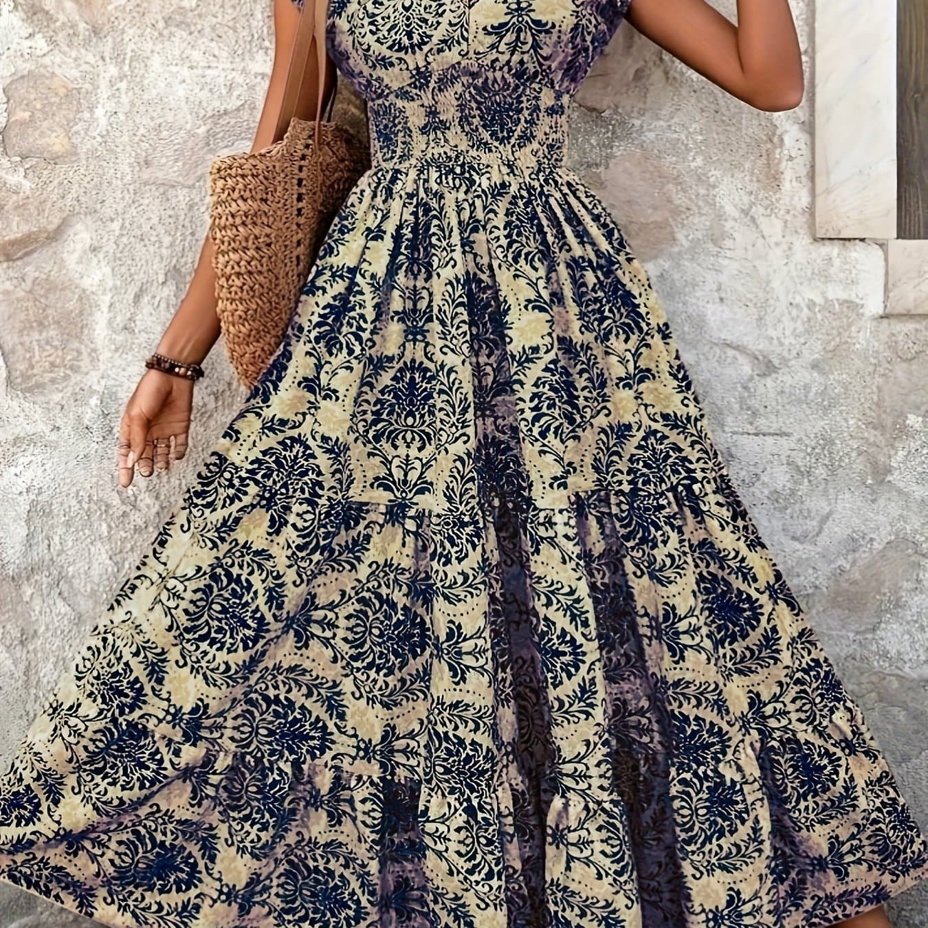 TEMU Plus Size, European And Size Women's V-neck Waist-cinching Short Sleeve Printed Long Dress, Vintage Bohemian Style, Loose Fit Flattering And, Summer Beach Vacation Daily Maxi Dress