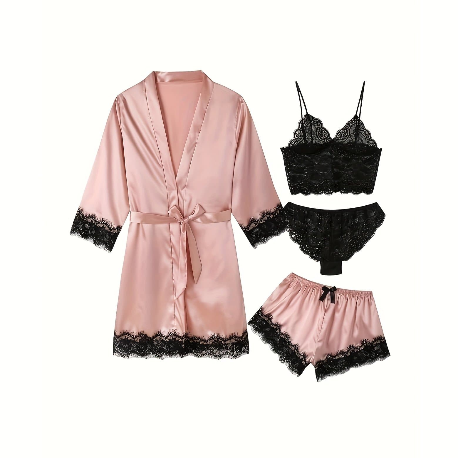 TEMU Set Of 4 Women's Sleepwear, Including -quarter Sleeve Robe, A V-neck Crop Cami Top, Panties, And Mini Shorts