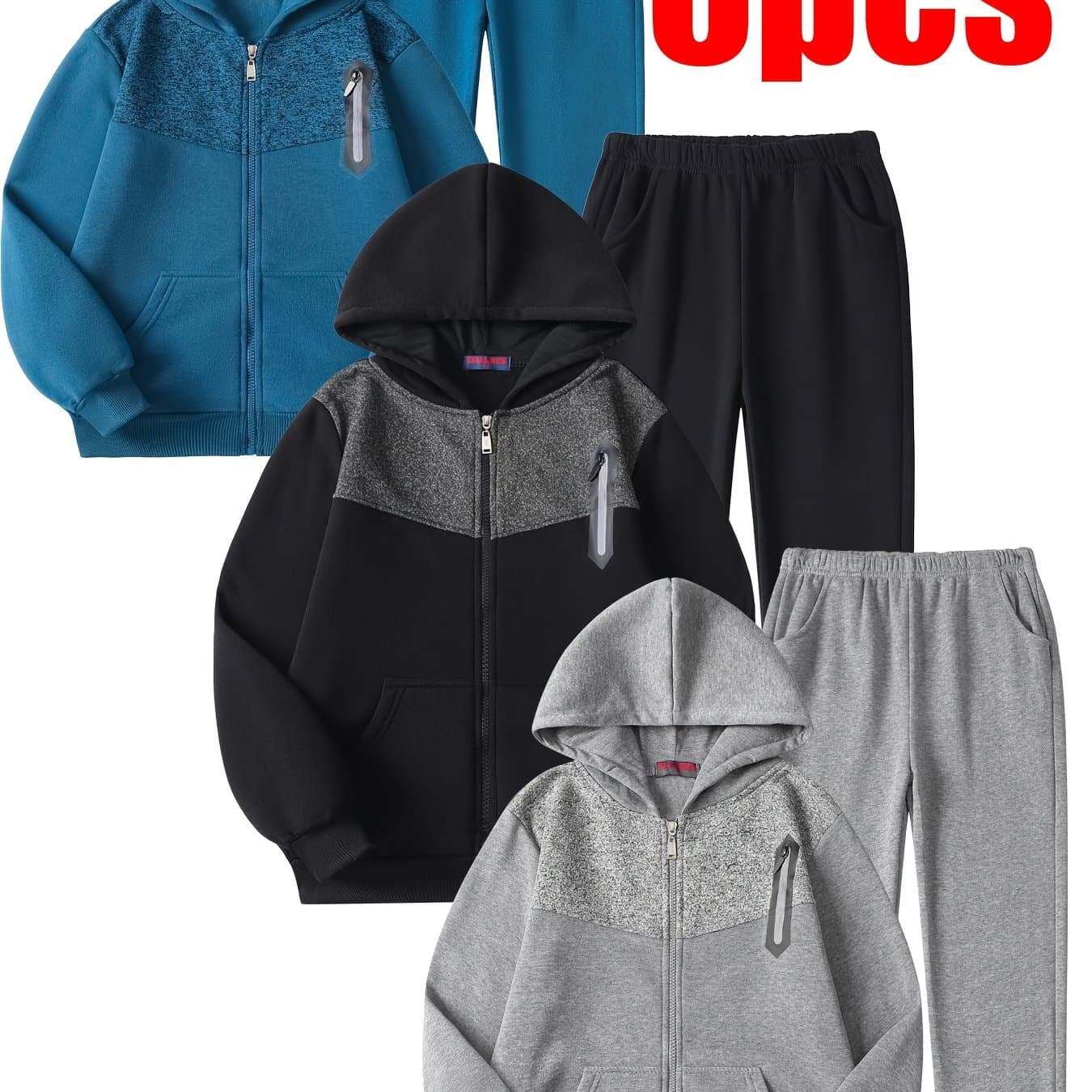 TEMU 6pcs Of 3 Sets Of New Autumn And Winter Boys' Velvet Thickened Hooded Sweatshirt Cardigan Color-blocking Korean Version Fashion Combination, Suitable For Outdoor Autumn And Winter