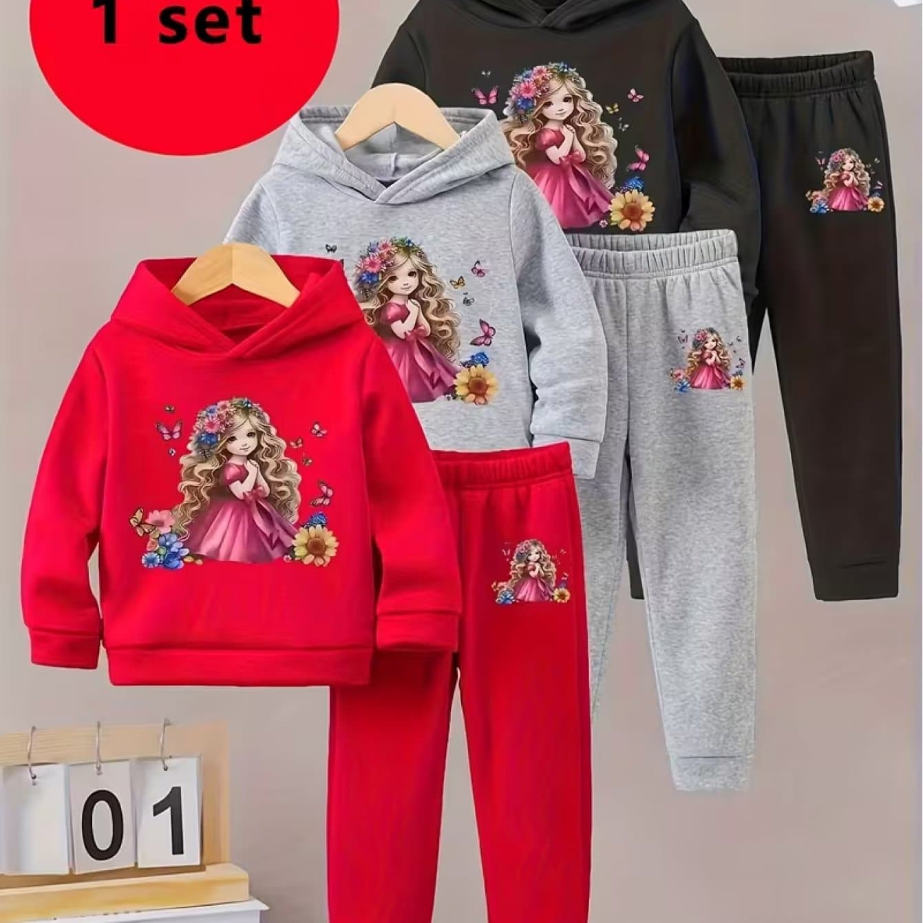 TEMU 6pcs Girls' Set(two Random Pieces Packaged Set)- New Autumn/winter Cute Pattern Print Fleece-lined Hooded Sweatshirt And Sports Pants, For Outdoor