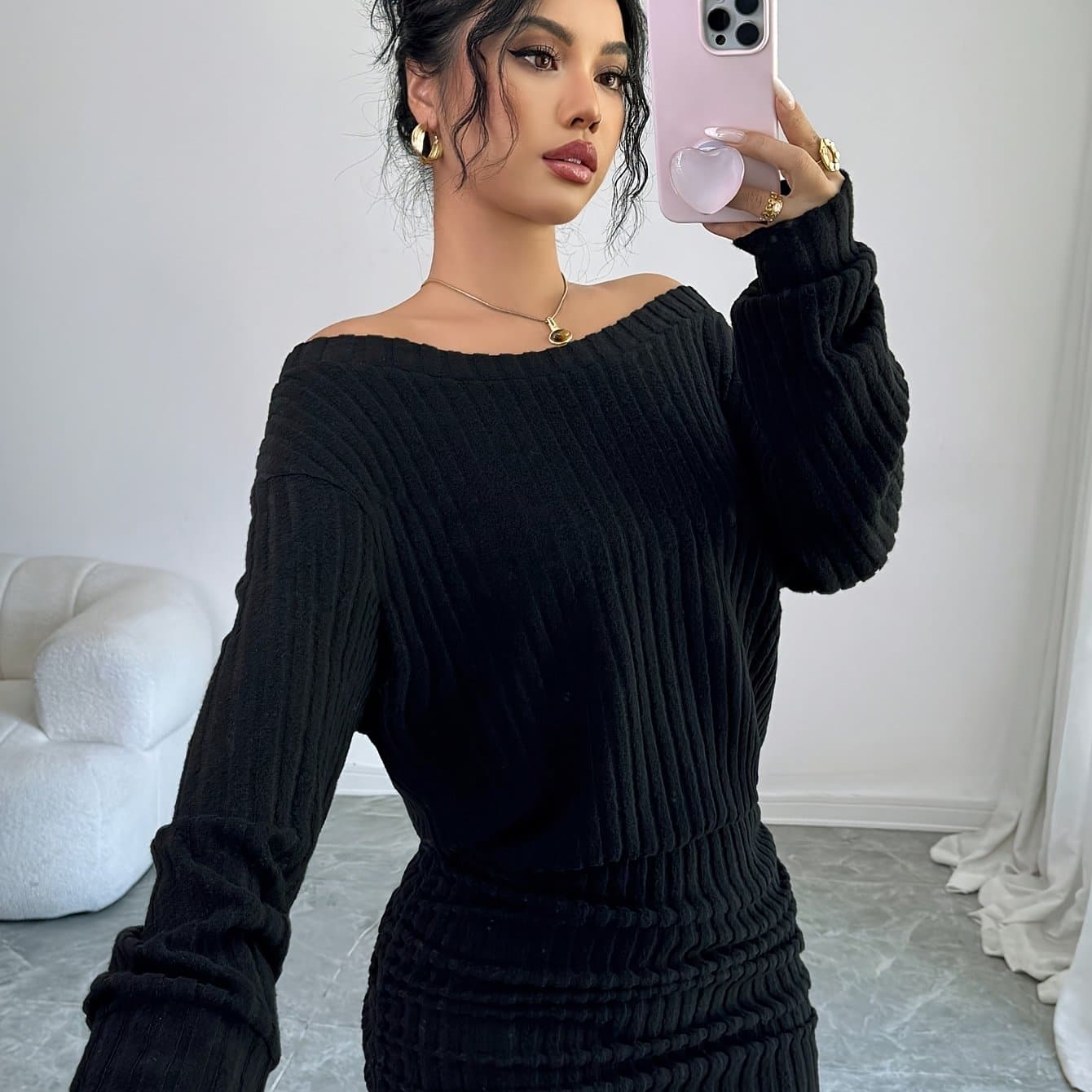 TEMU Women's Casual Versatile Off-shoulder Ribbed Long-sleeve Cropped Slim-fit Dress, Suitable For Occasions Such As Autumn/winter, Thanksgiving, And New Year