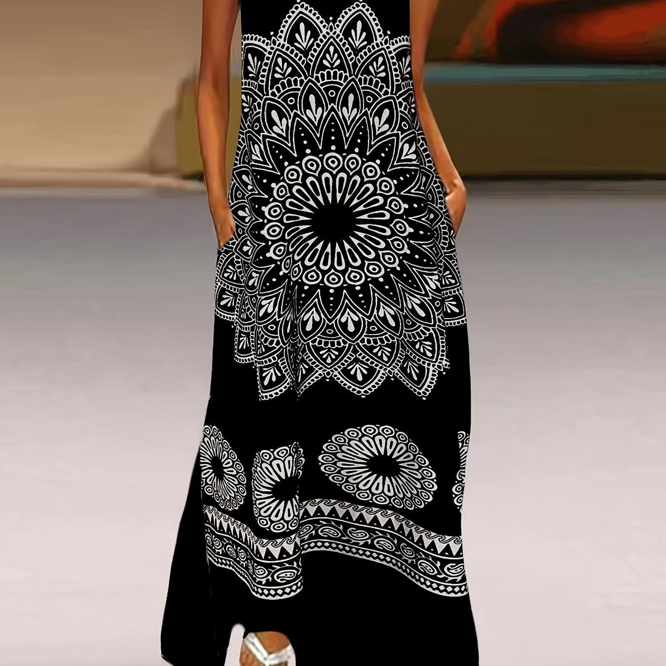 TEMU Elegant Sleeveless V-neck Printed Dress