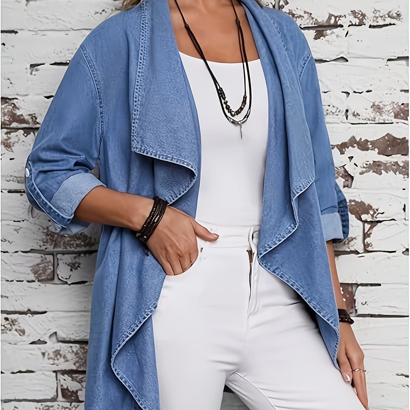 TEMU Elegant Denim Jacket That Can Roll Up Sleeves