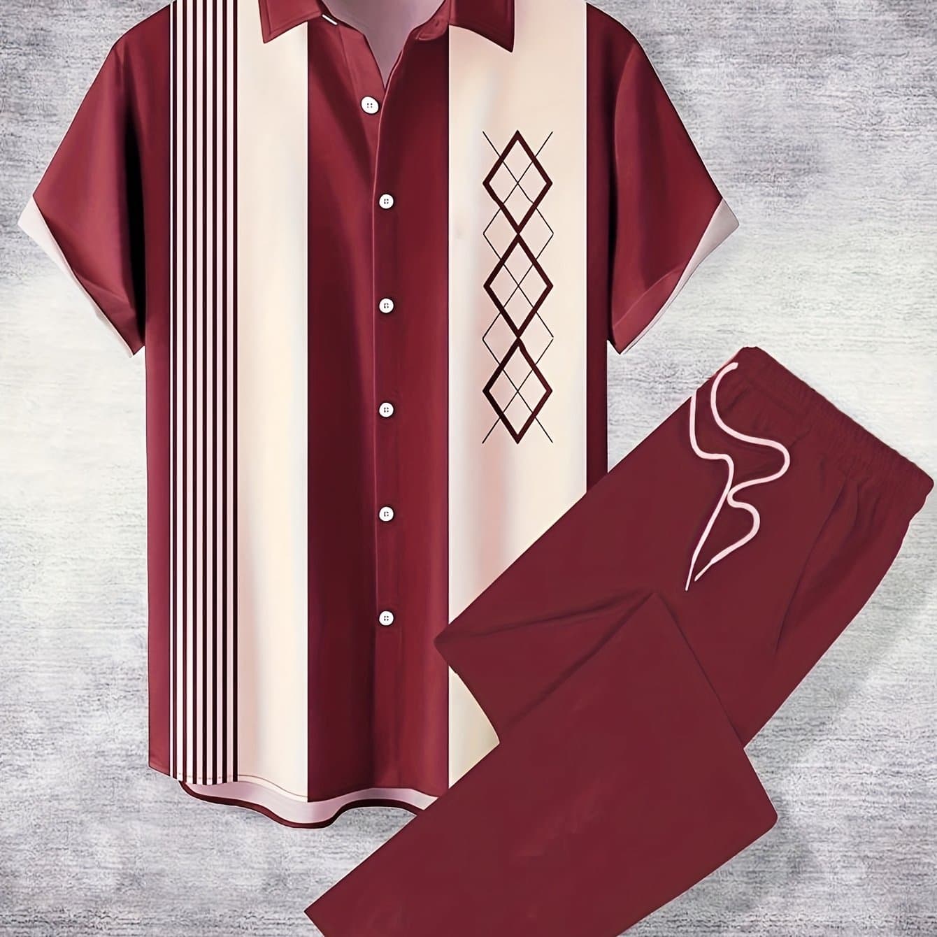 TEMU Men's Summer Casual Striped Geometric Pattern Short Sleeve Shirt + Pants Trendy Retro Two-piece Set