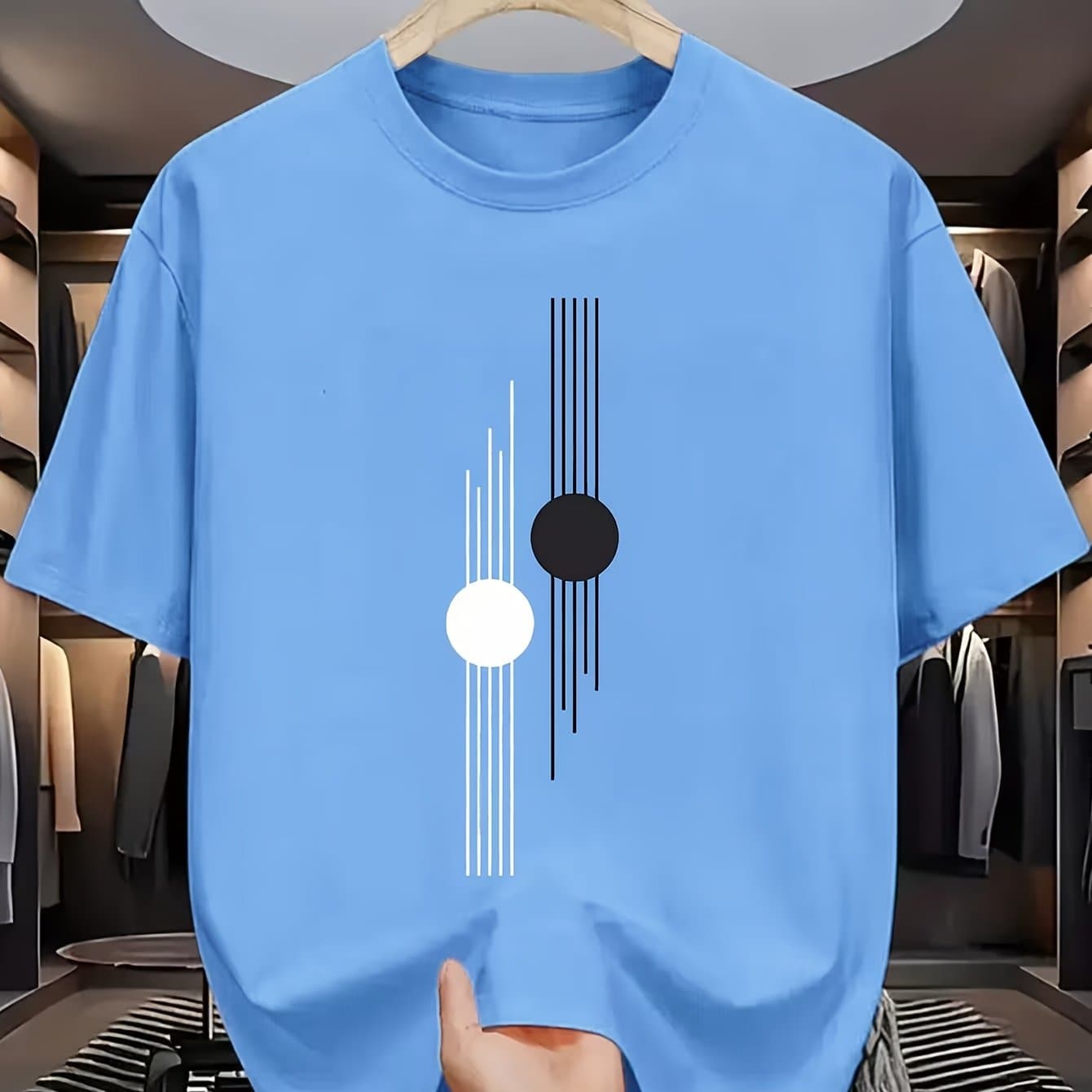 TEMU Men's Summer Casual Short Sleeve T-shirt With Abstract Geometric Print | Light Beige Round Neck Tee, Machine Washable & Dry , Regular Fit For Casual Attire