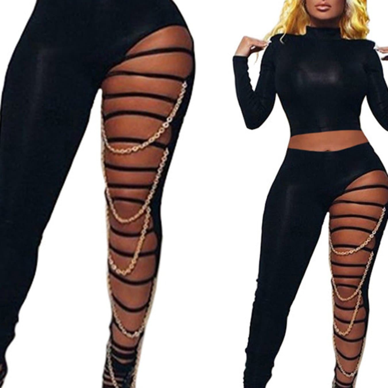 TEMU Women's Skinny Leggings, Sexy Cutout Ripped Mid-waist Full-length Stretchy Pants With Chain Decor