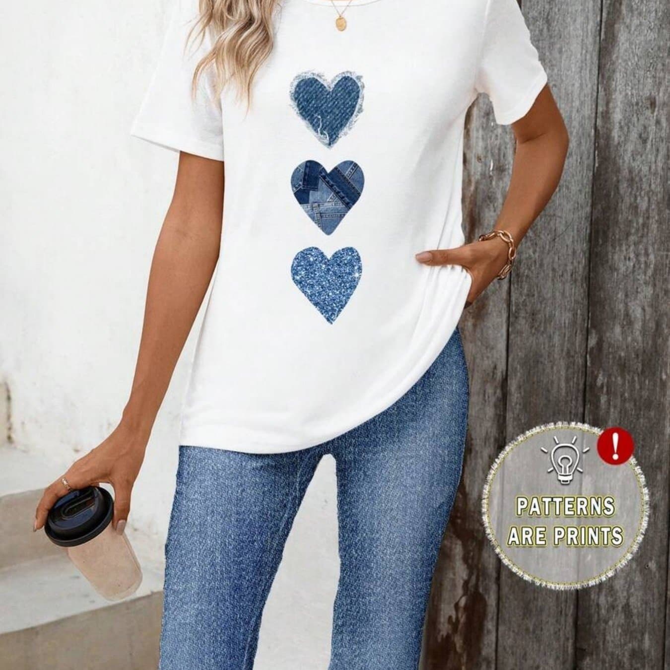 TEMU Women' & Blue Heart Print T-shirt | Breathable Everyday Casual Top, Machine Washable Round Neck Tee For Spring Summer Outfits, Versatile Clothing, Relaxed Fit, Soft Fabric, Short Sleeve
