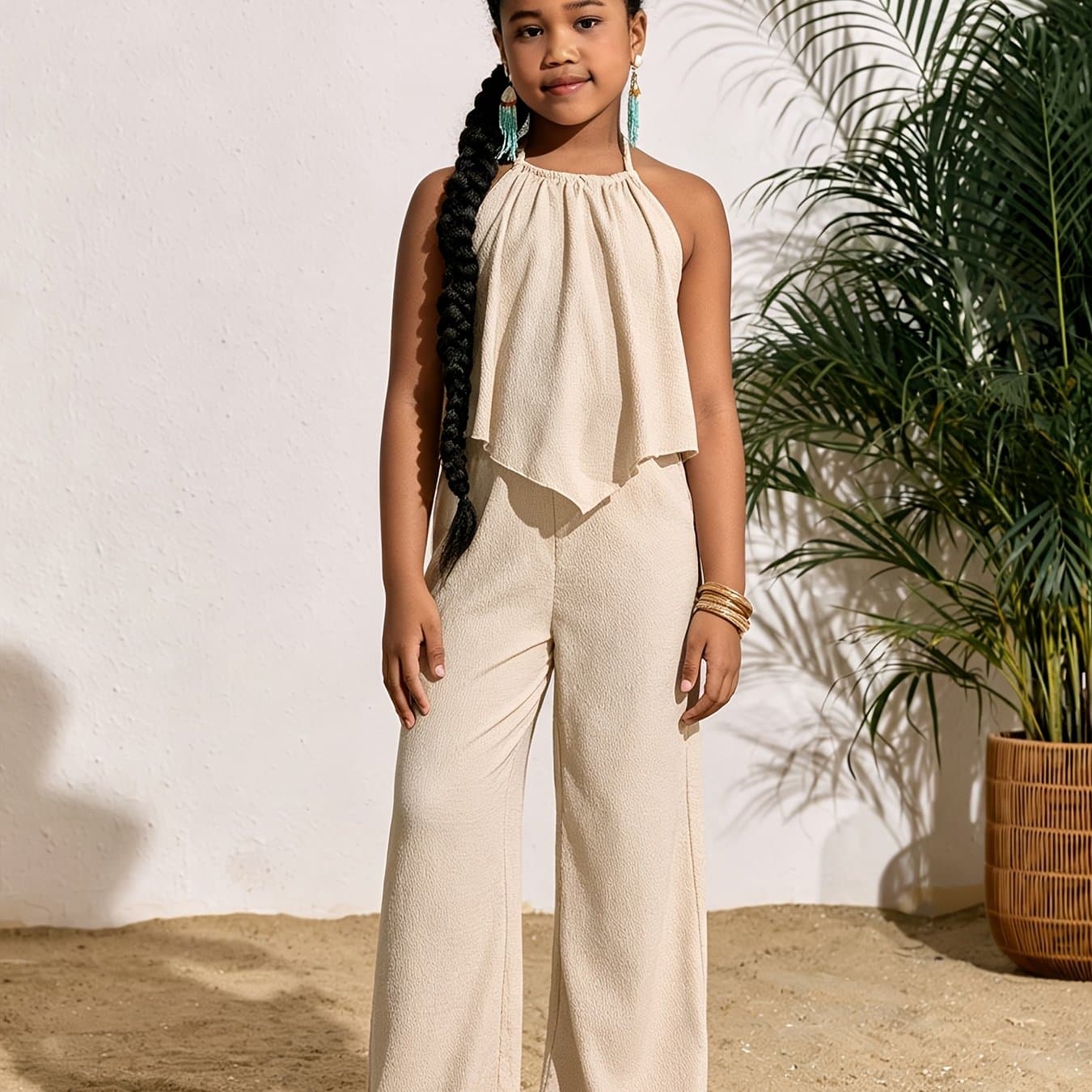 TEMU Girls' Vacation Casual Solid Color Sleeveless Top And Wide Leg Pants Set, Kids' Fashionable Flared Pants Outfit, Summer For Girls, Sporty Style, Perfect For Outdoor