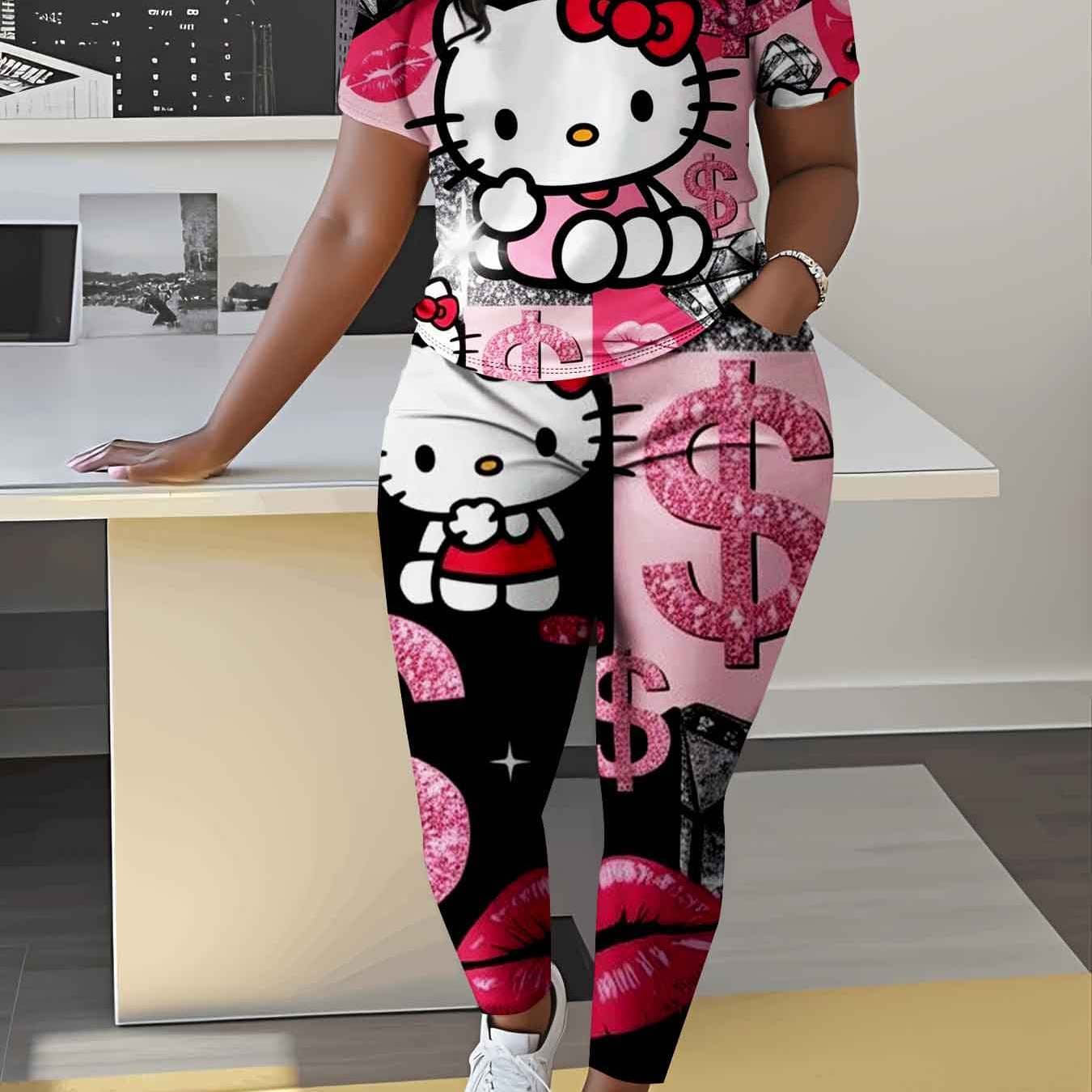 TEMU Short Sleeve Long Pants Set Pink Hello Kitty Dollar Sign And For Casual Wear Full Print