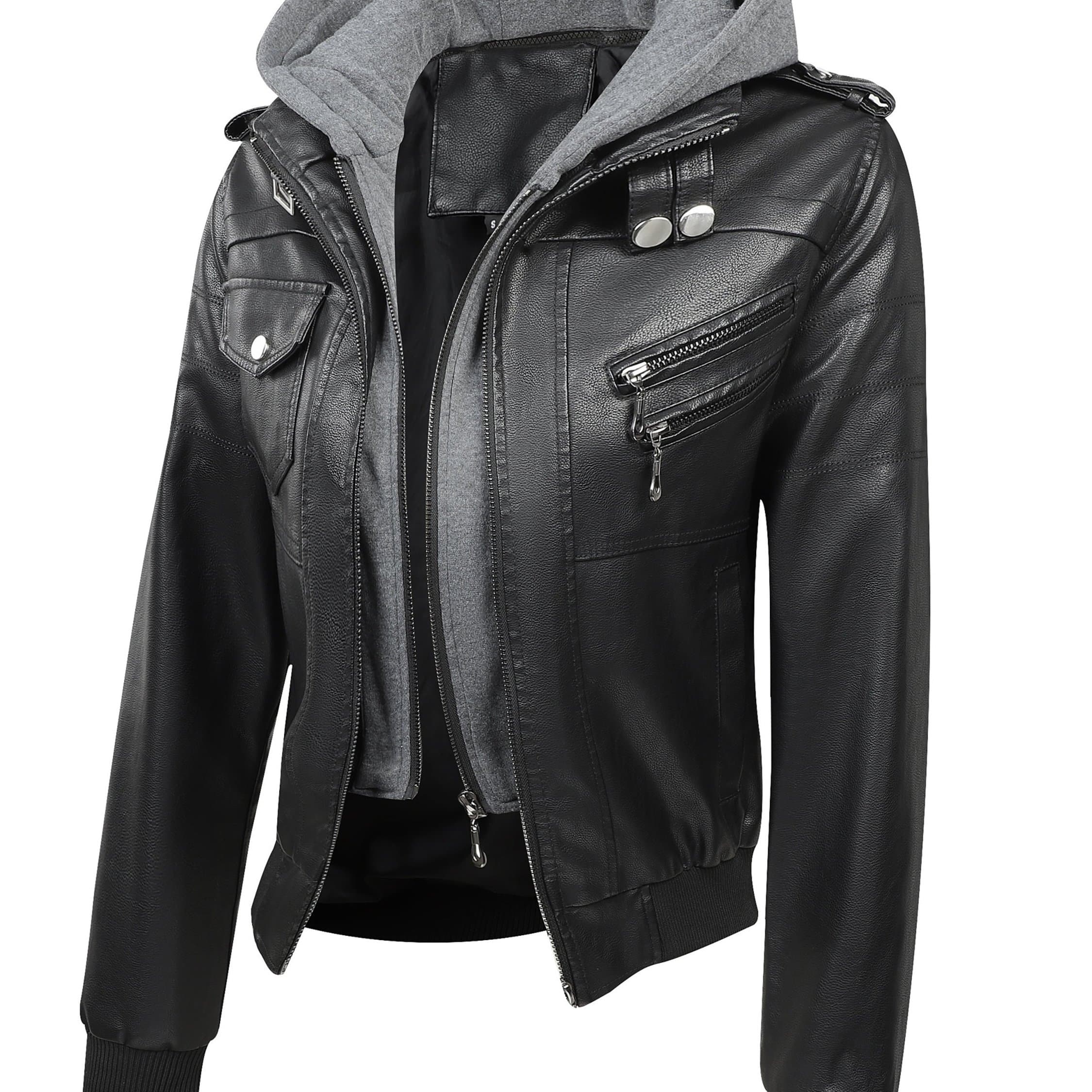TEMU Women's Vintage-style Pu Leather Jacket - High Quality, Windproof, Tear- With Detachable Hood Casual Outdoor Riding Jacket